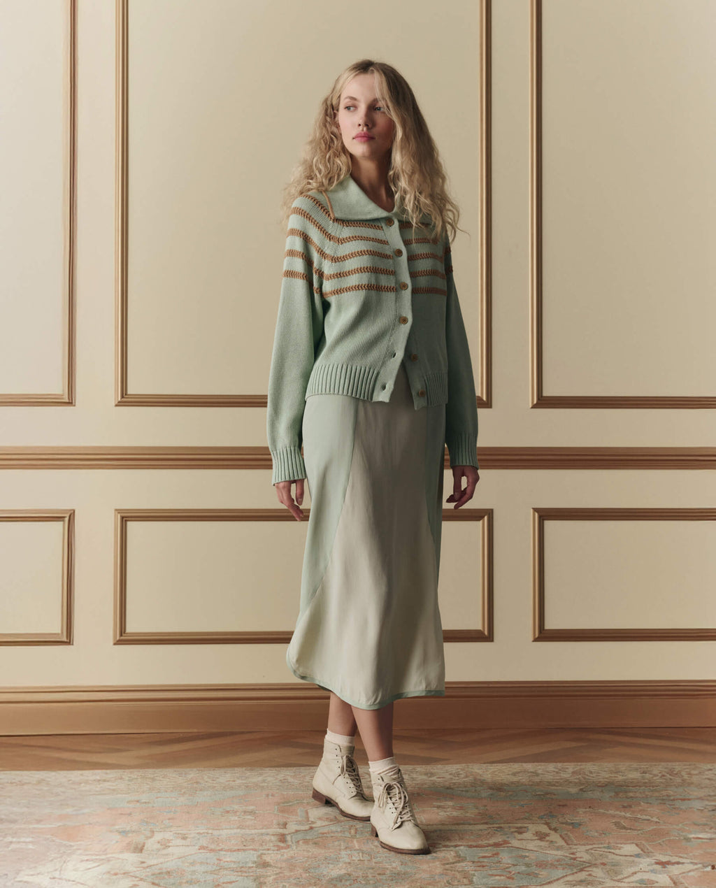 The Scholar Cardigan W/ Crochet Stripes. -- Seafoam