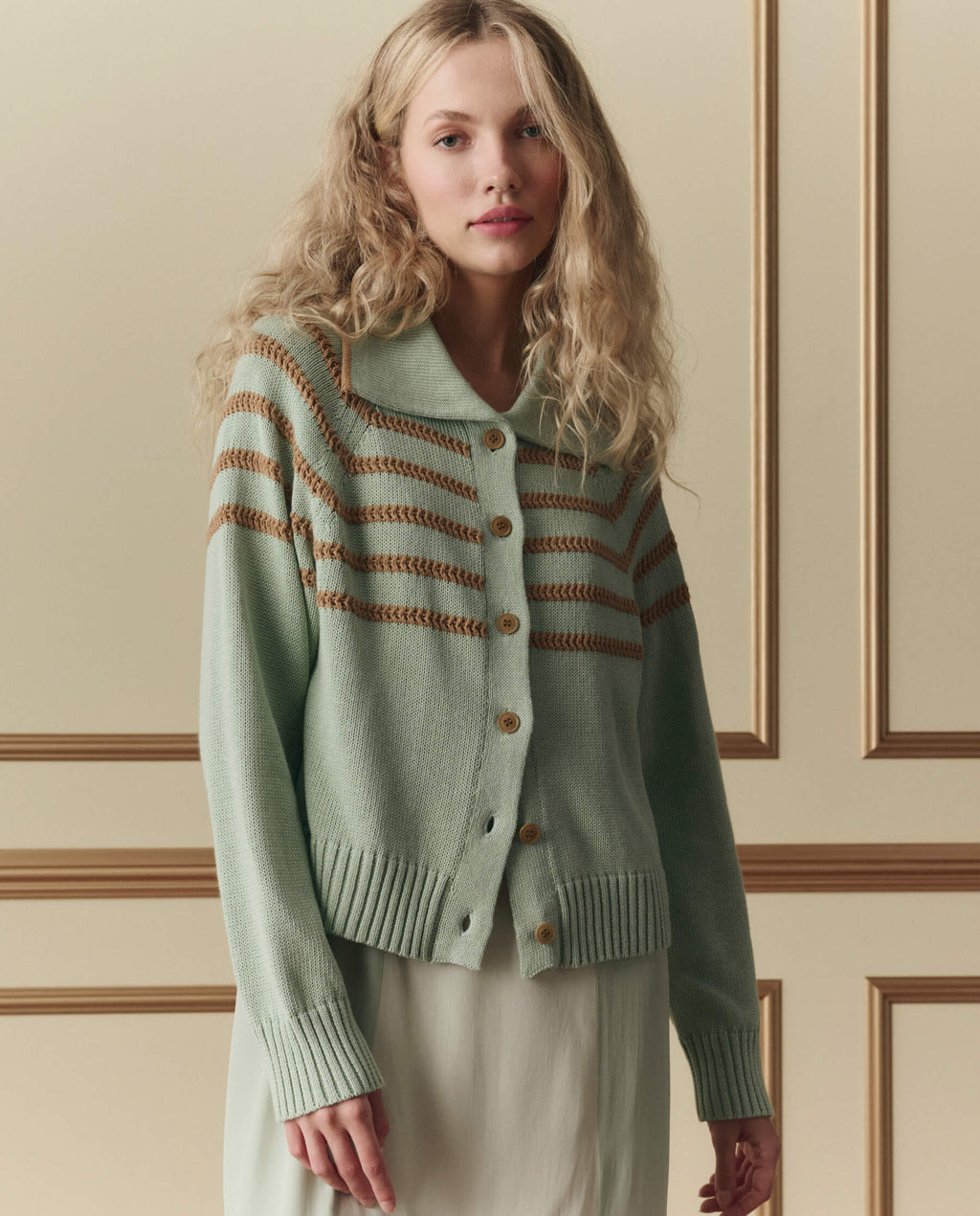 The Scholar Cardigan W/ Crochet Stripes. -- Seafoam