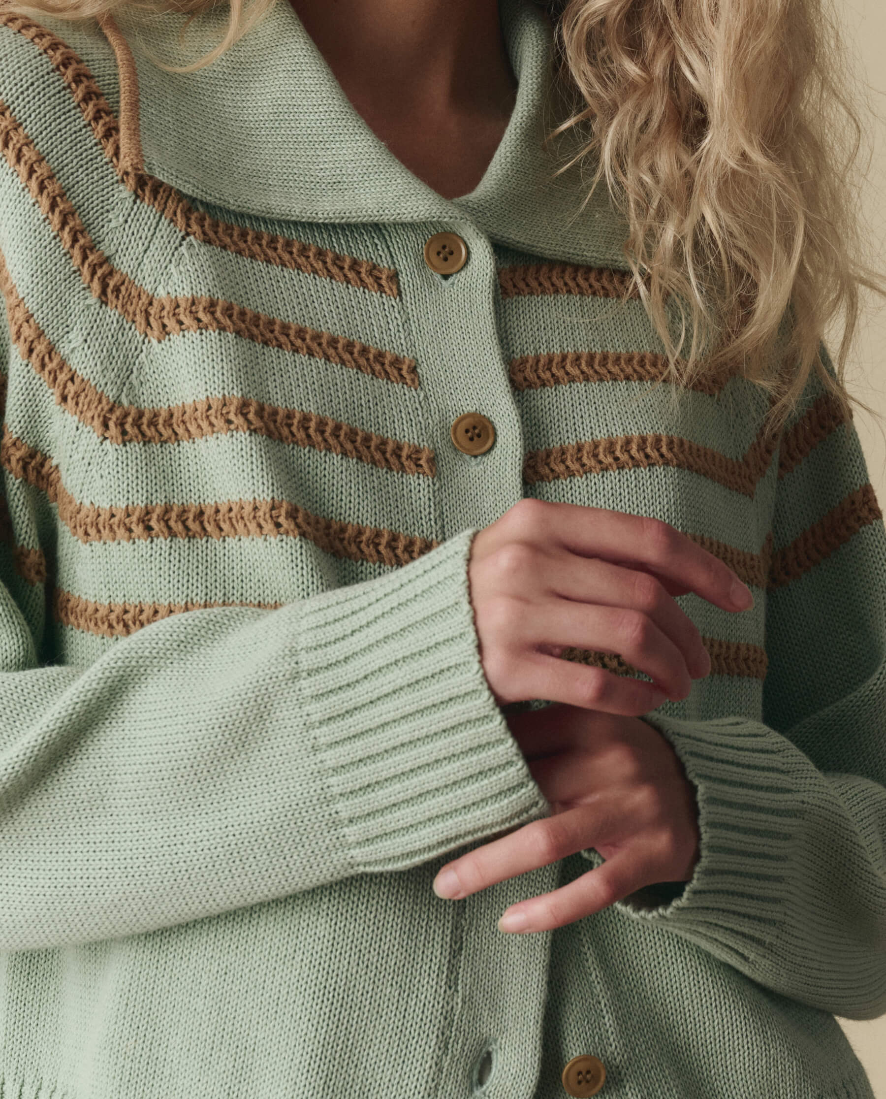 The Scholar Cardigan W/ Crochet Stripes. -- Seafoam