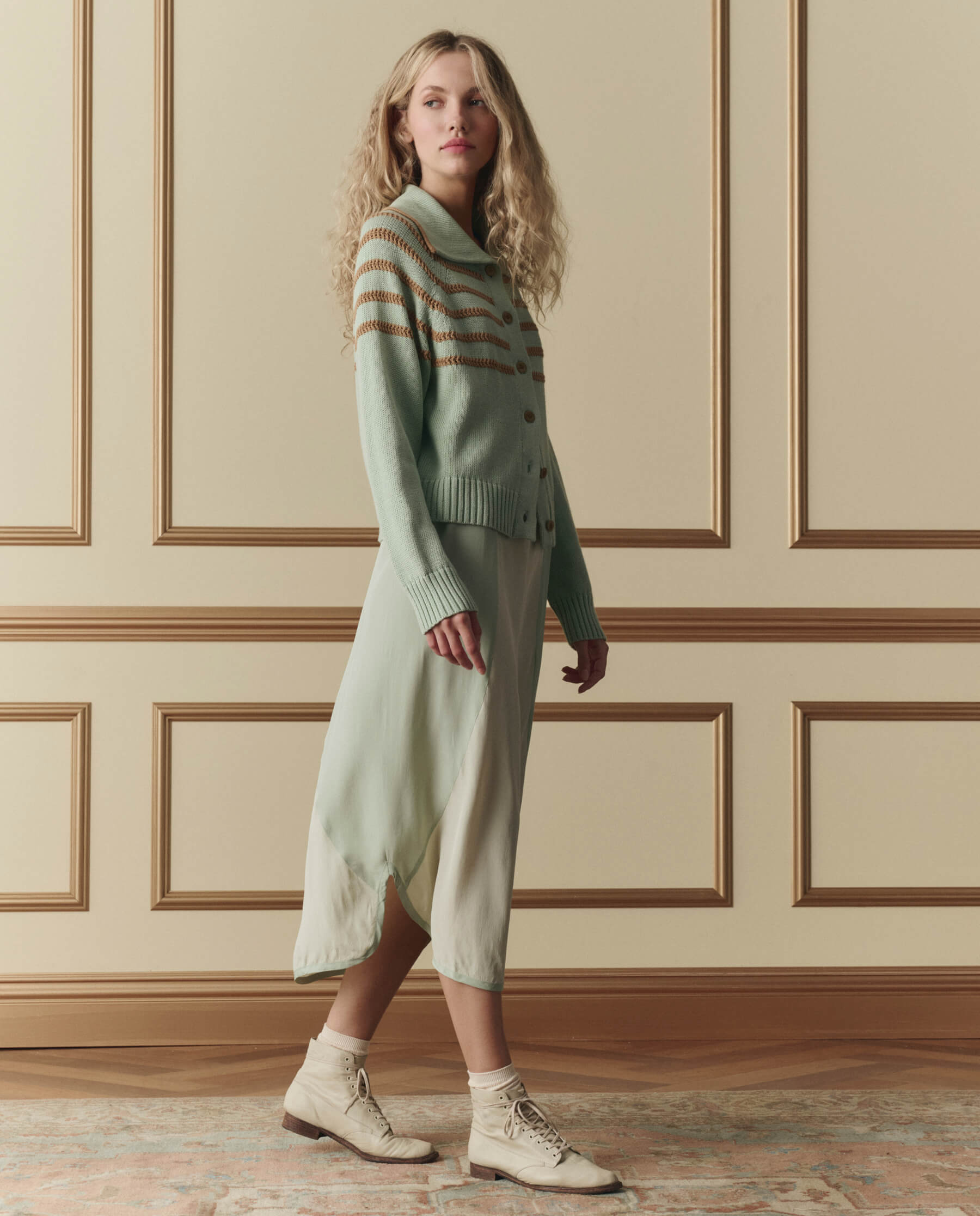 The Scholar Cardigan W/ Crochet Stripes. -- Seafoam