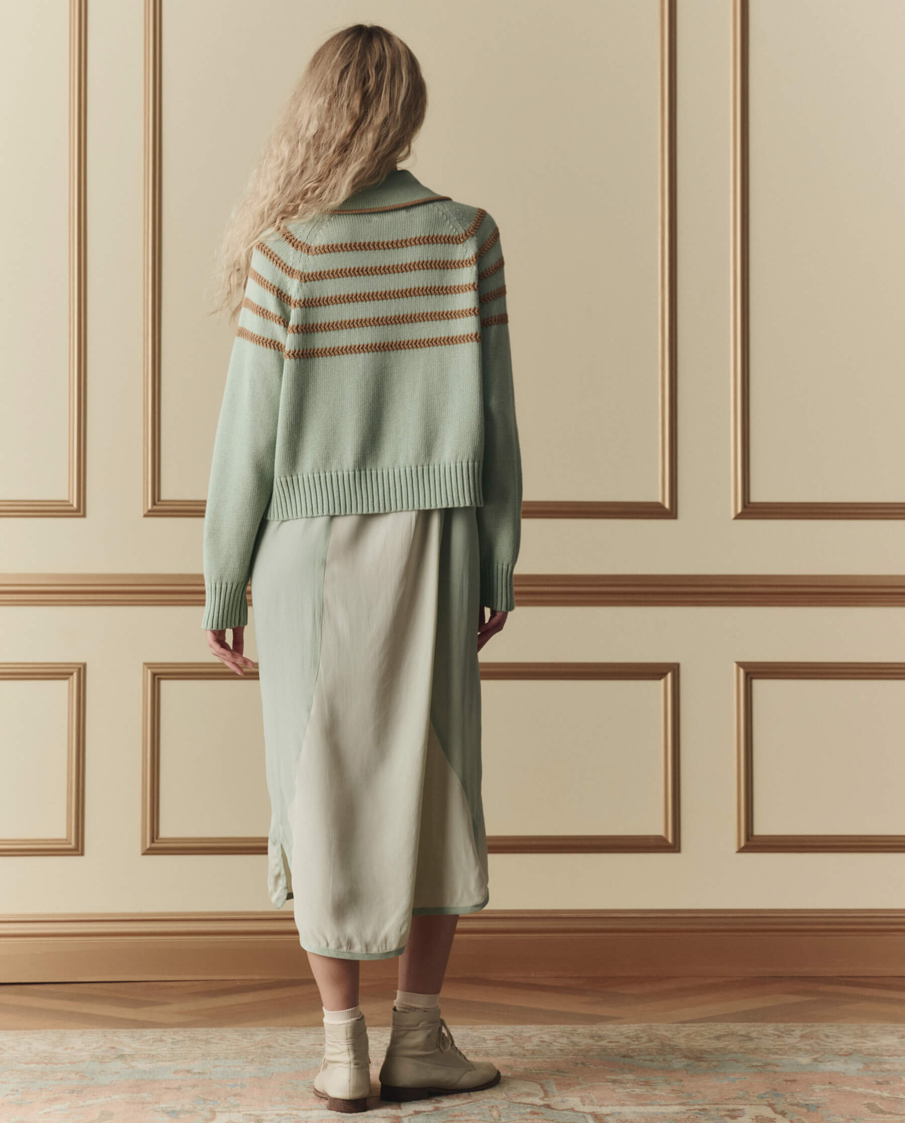 The Scholar Cardigan W/ Crochet Stripes. -- Seafoam
