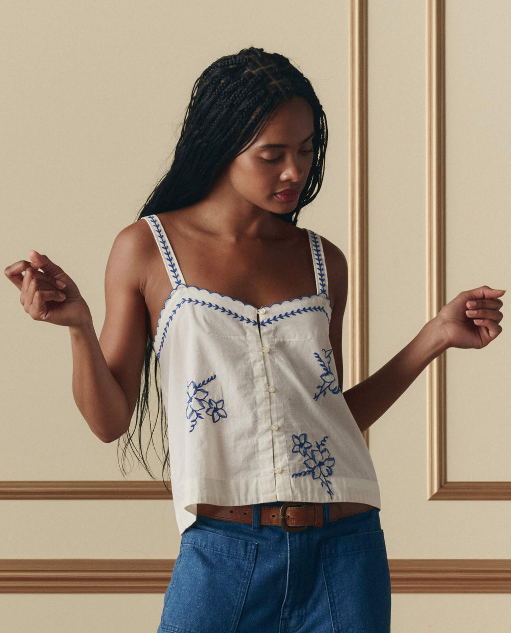 The Weekend Tank W/ Hanky Embroidery. -- Cream