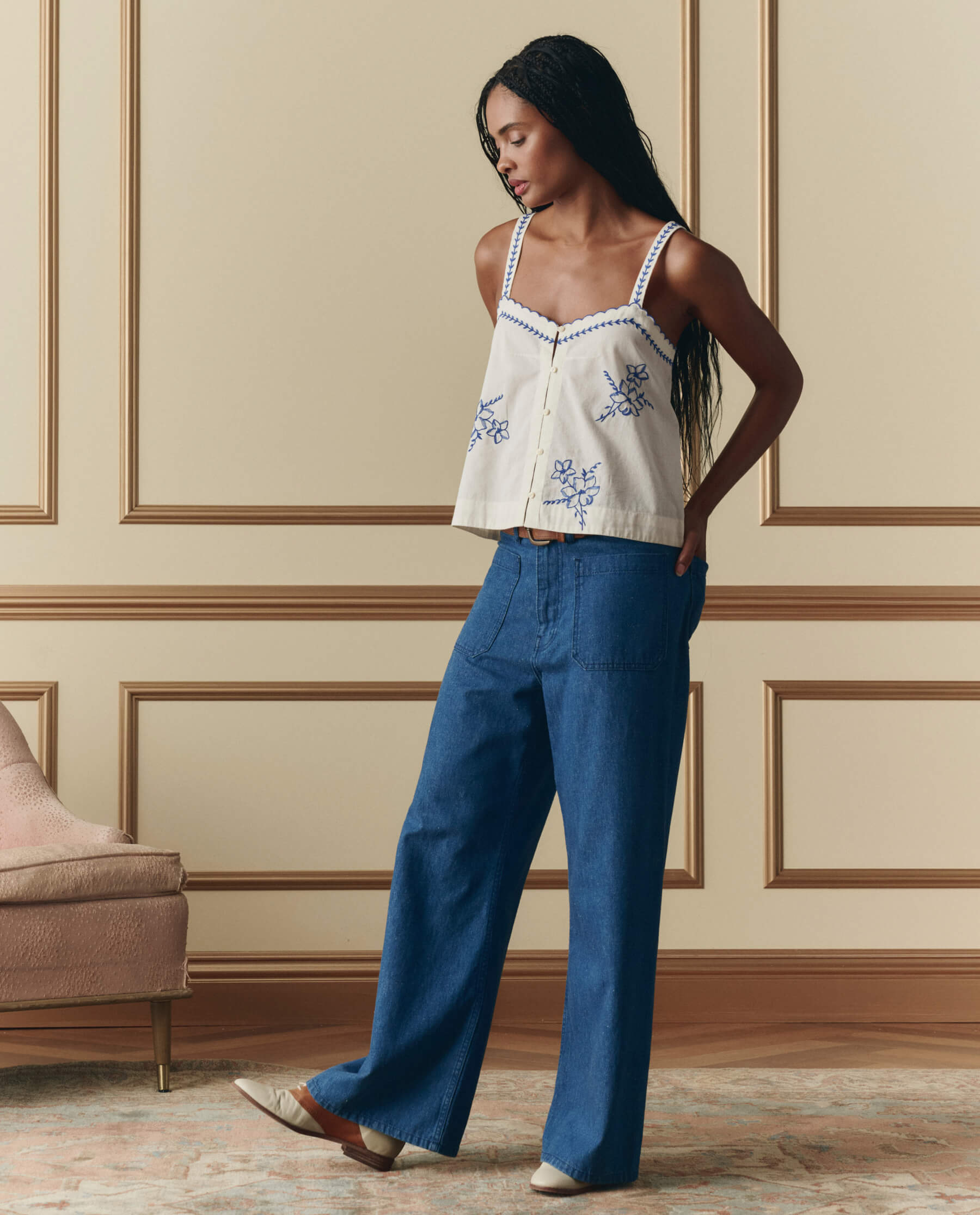 The Weekend Tank W/ Hanky Embroidery. -- Cream