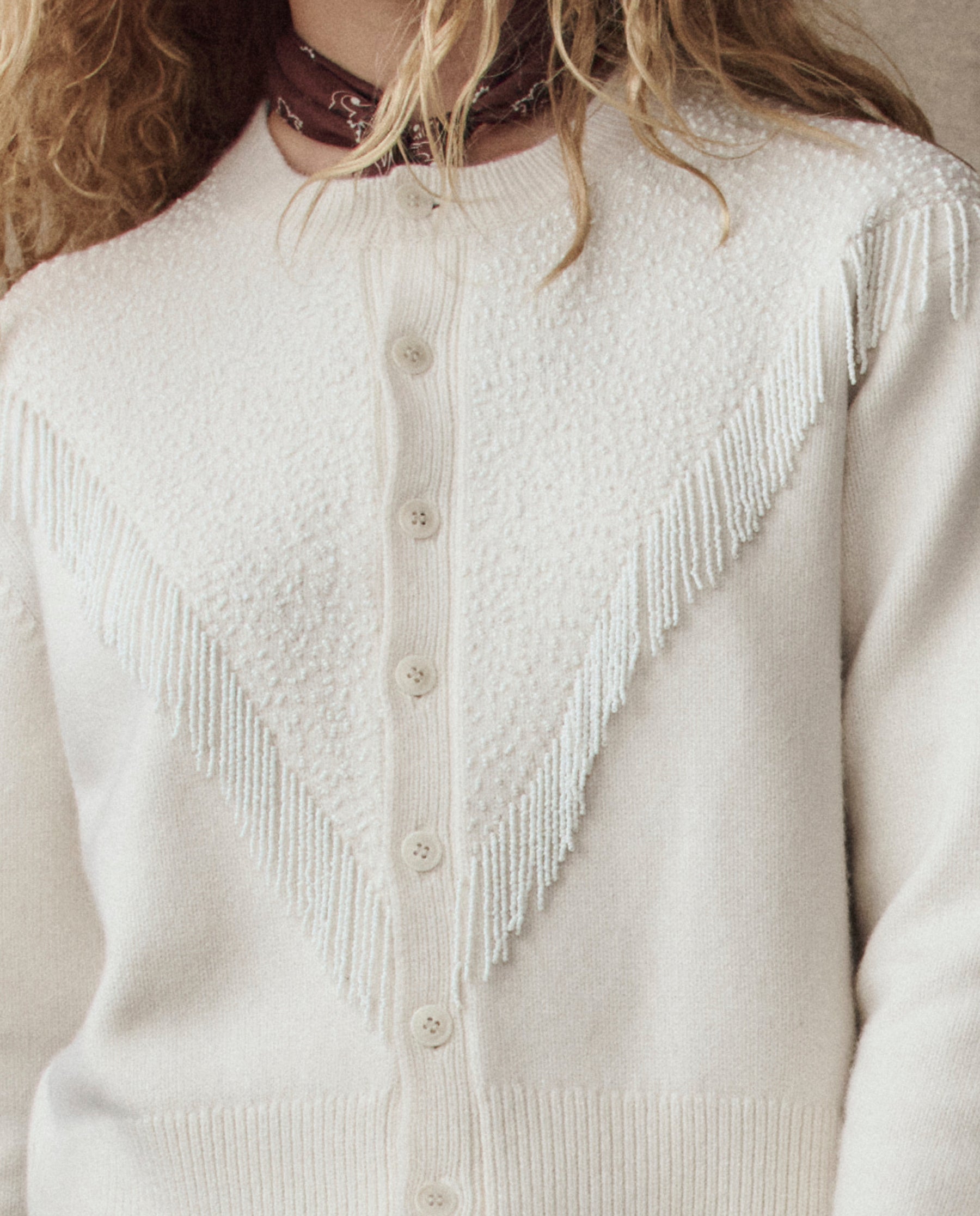 The Beaded Fringe Cardigan. -- Cream