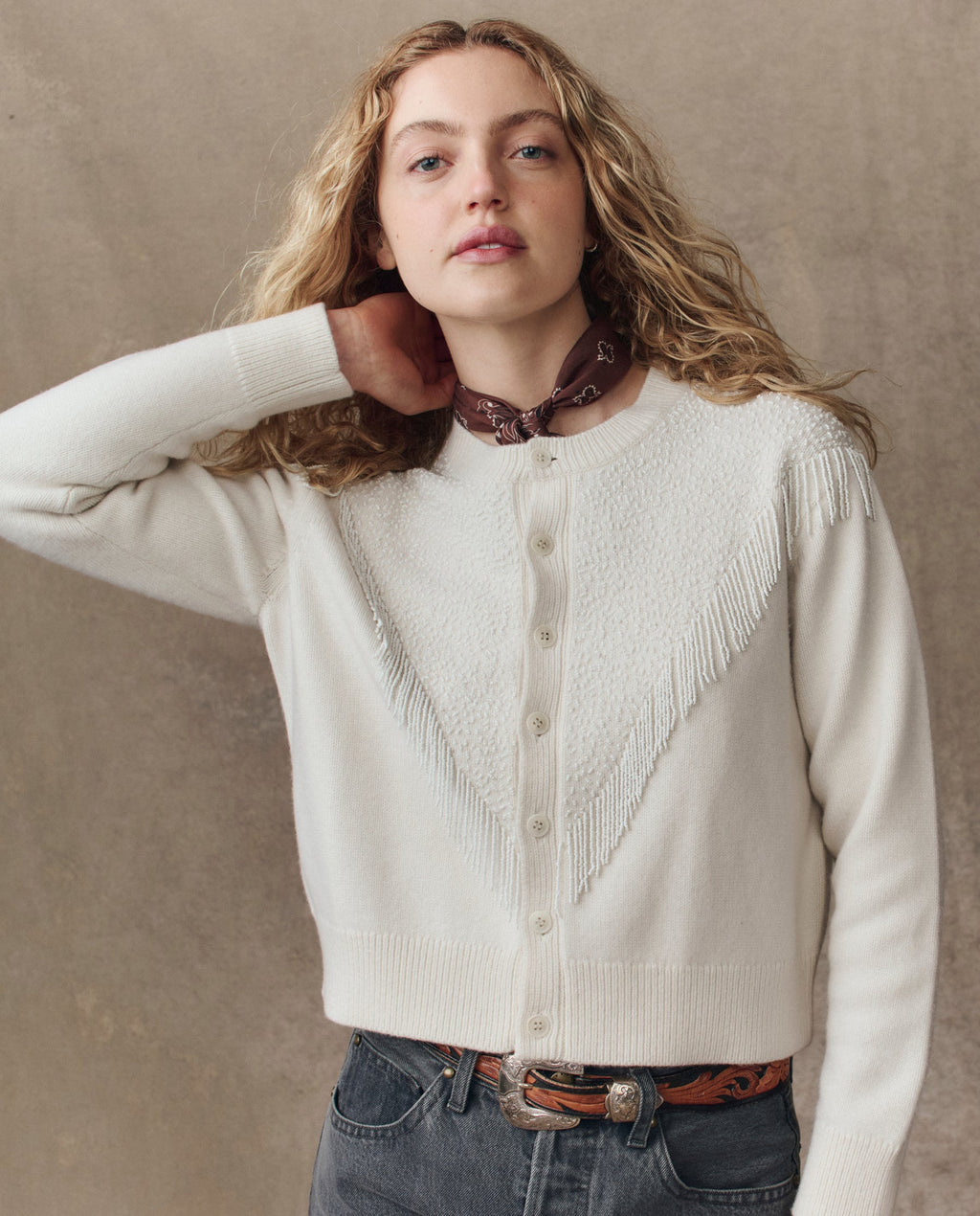 The Beaded Fringe Cardigan. -- Cream