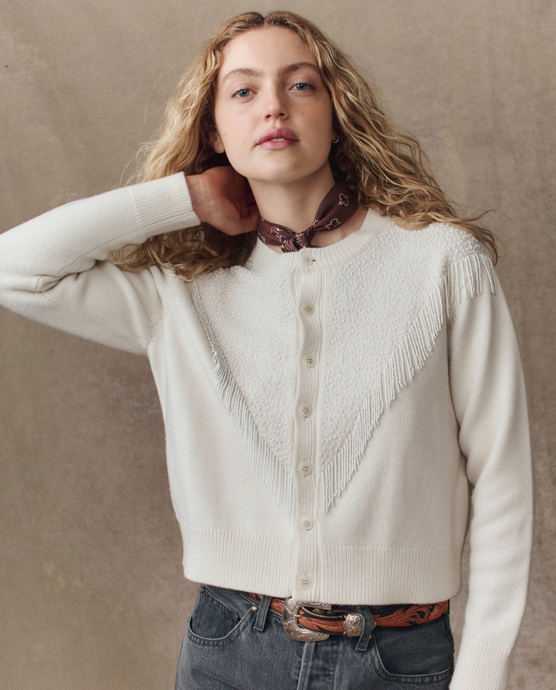 The Beaded Fringe Cardigan. -- Cream