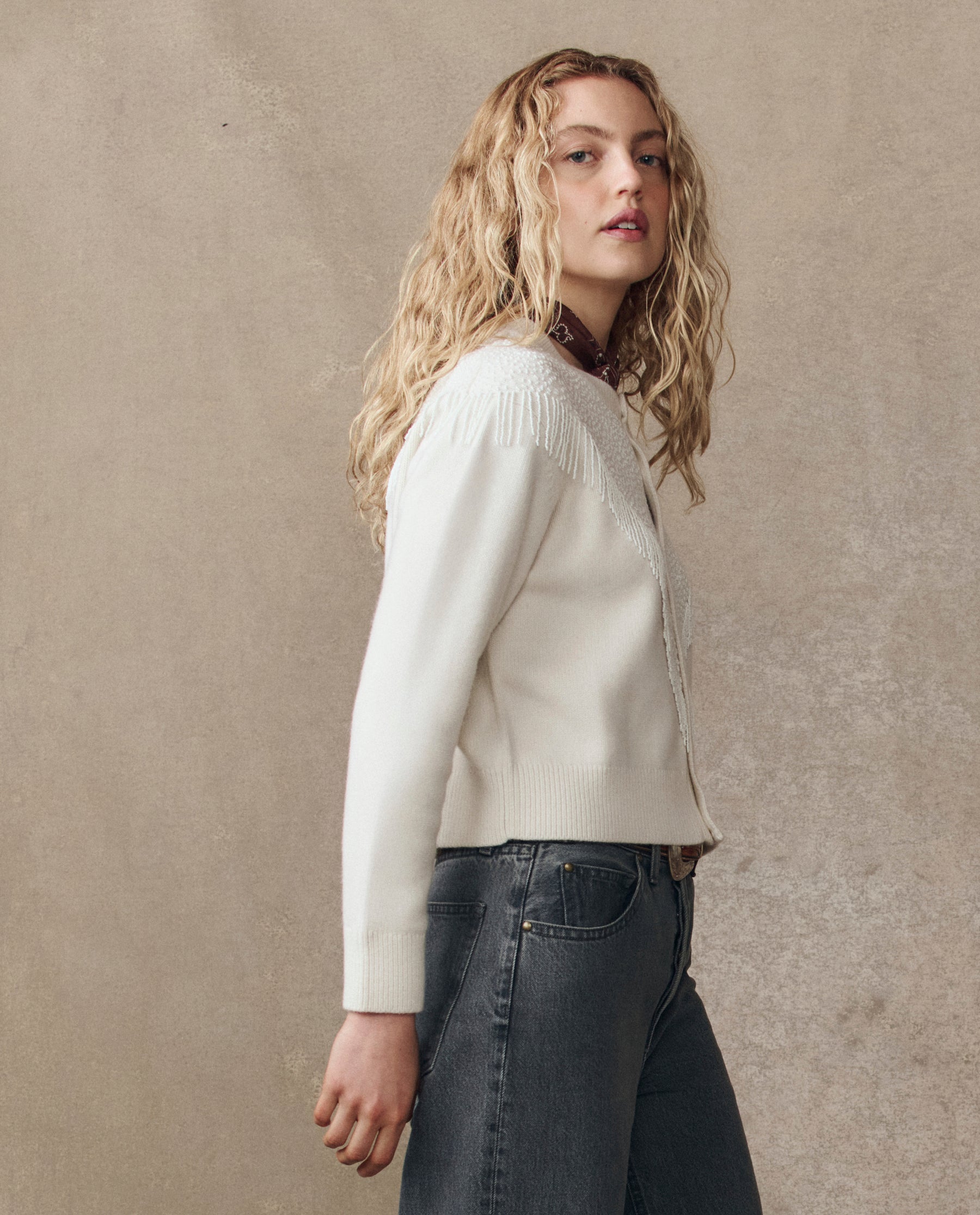 The Beaded Fringe Cardigan. -- Cream