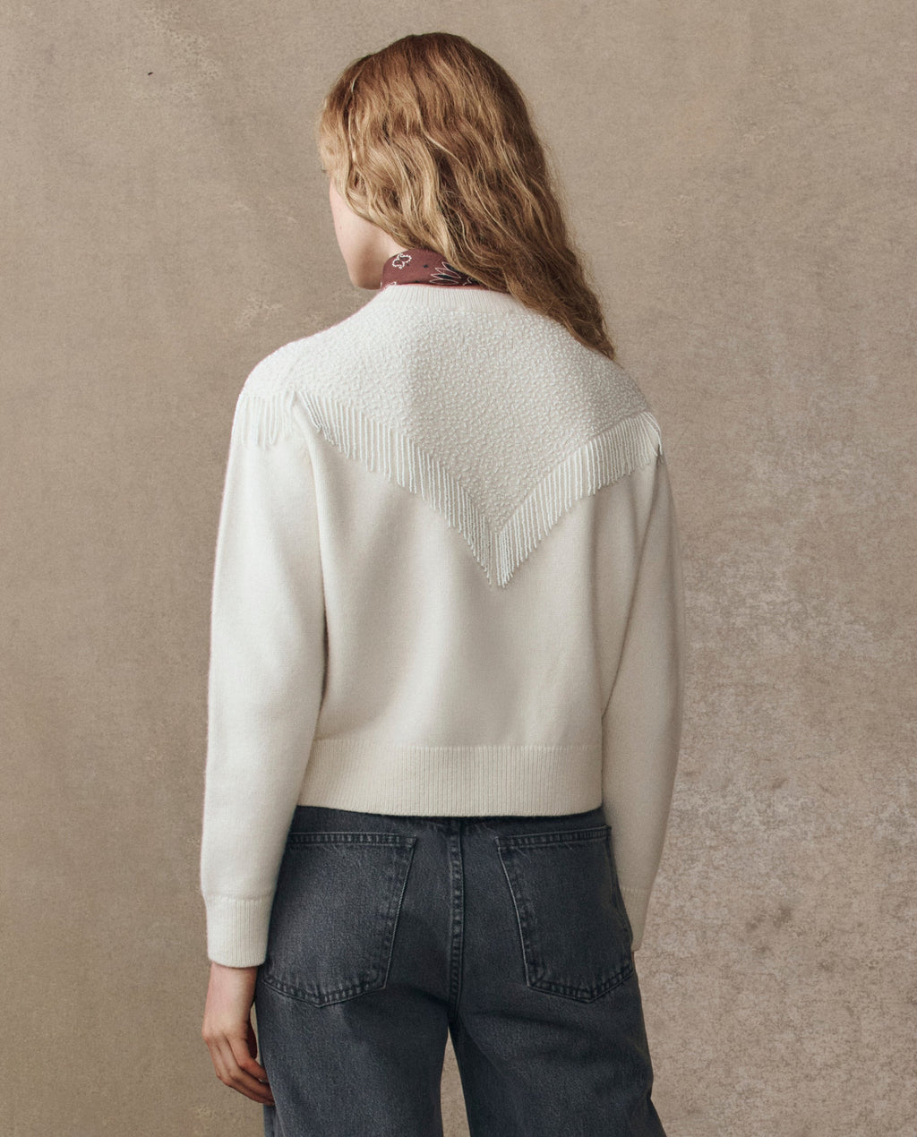The Beaded Fringe Cardigan. -- Cream