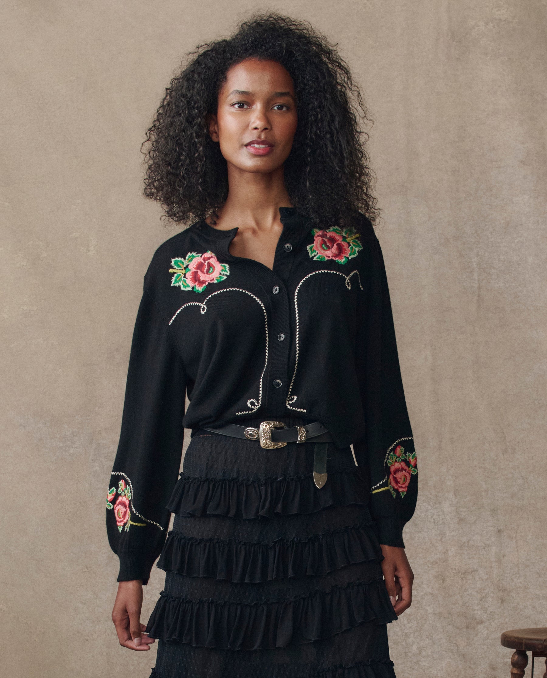 The Heirloom Rose Western Cardigan. -- Black