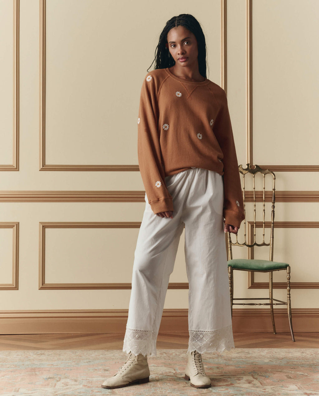 The Slouch Sweatshirt W/ Floating Daisy Embroidery. -- Suntan