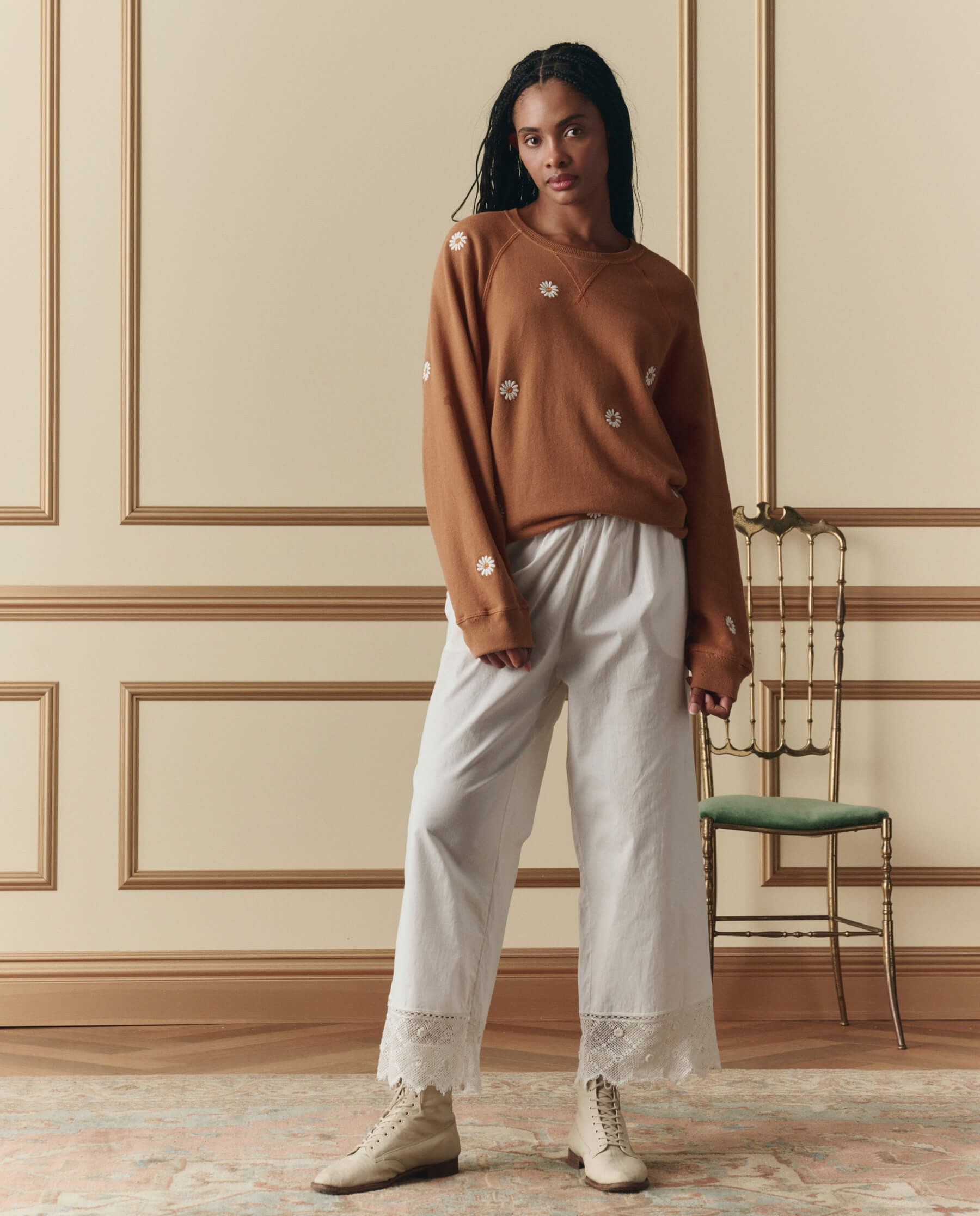 The Slouch Sweatshirt W/ Floating Daisy Embroidery. -- Suntan