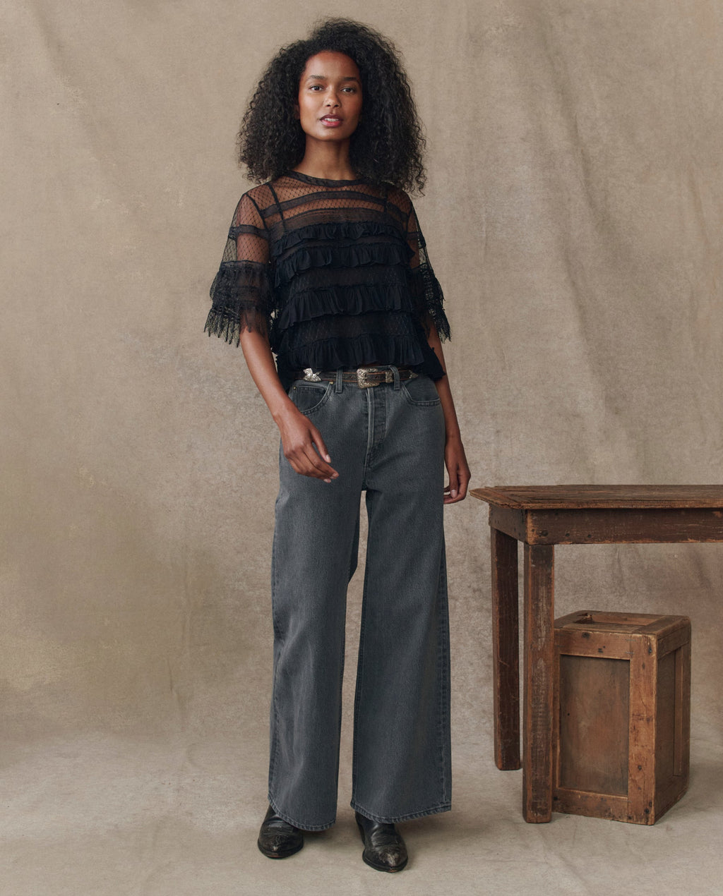 The Winter Mesh Flounce Top. -- Black