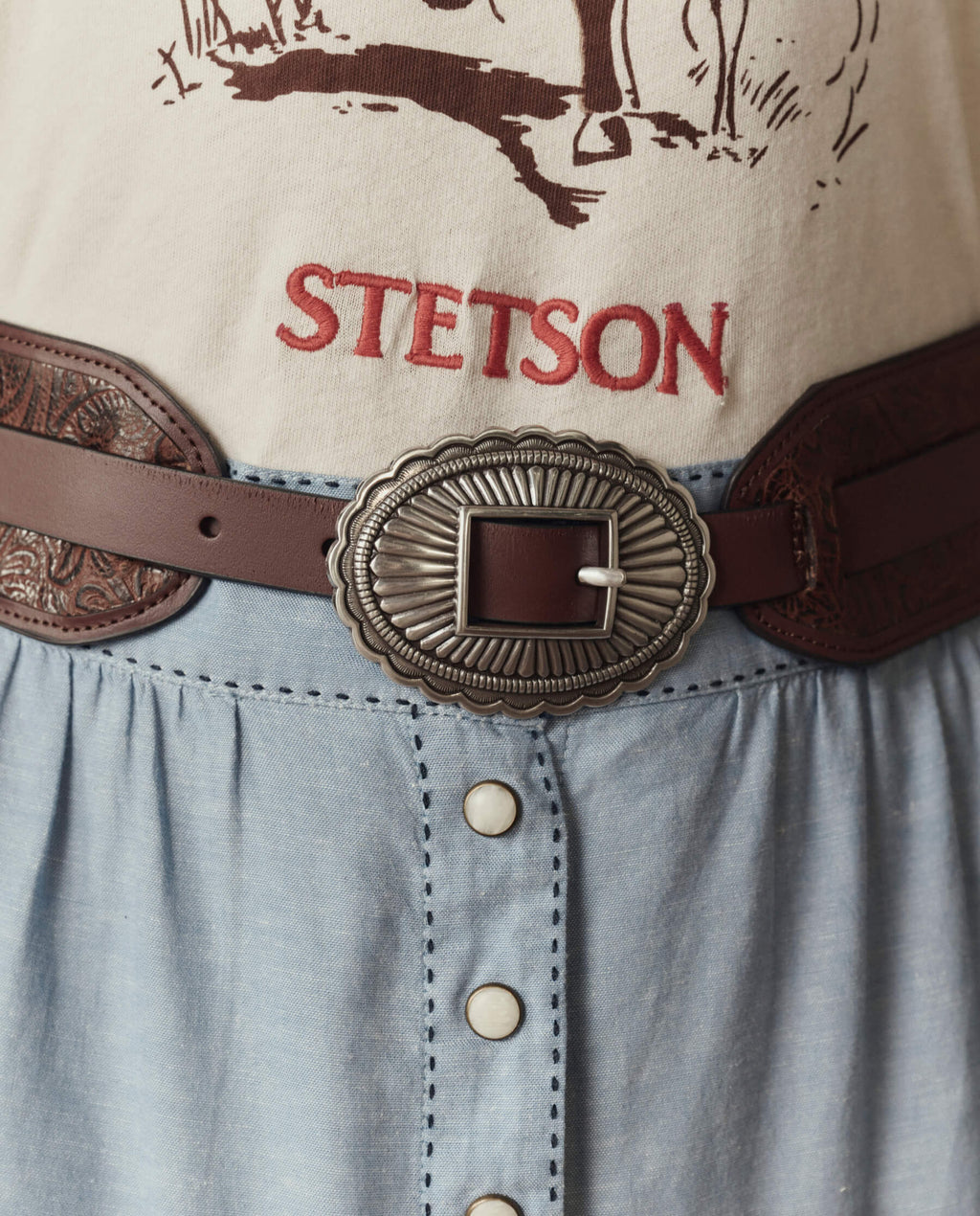 The Tooled Waist Belt. -- Brown With Silver