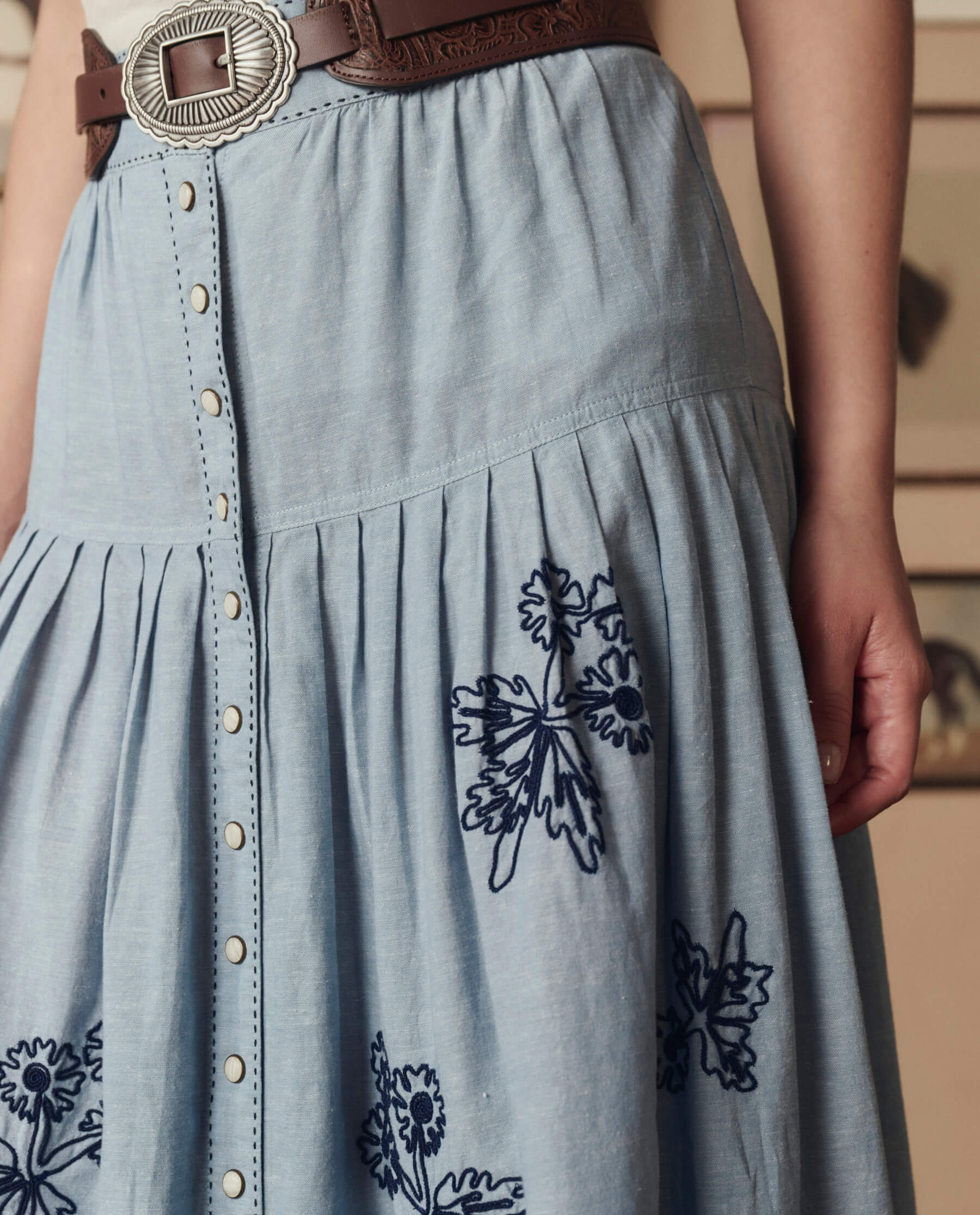 The Chambray Embroidered Highland Skirt. -- Chambray