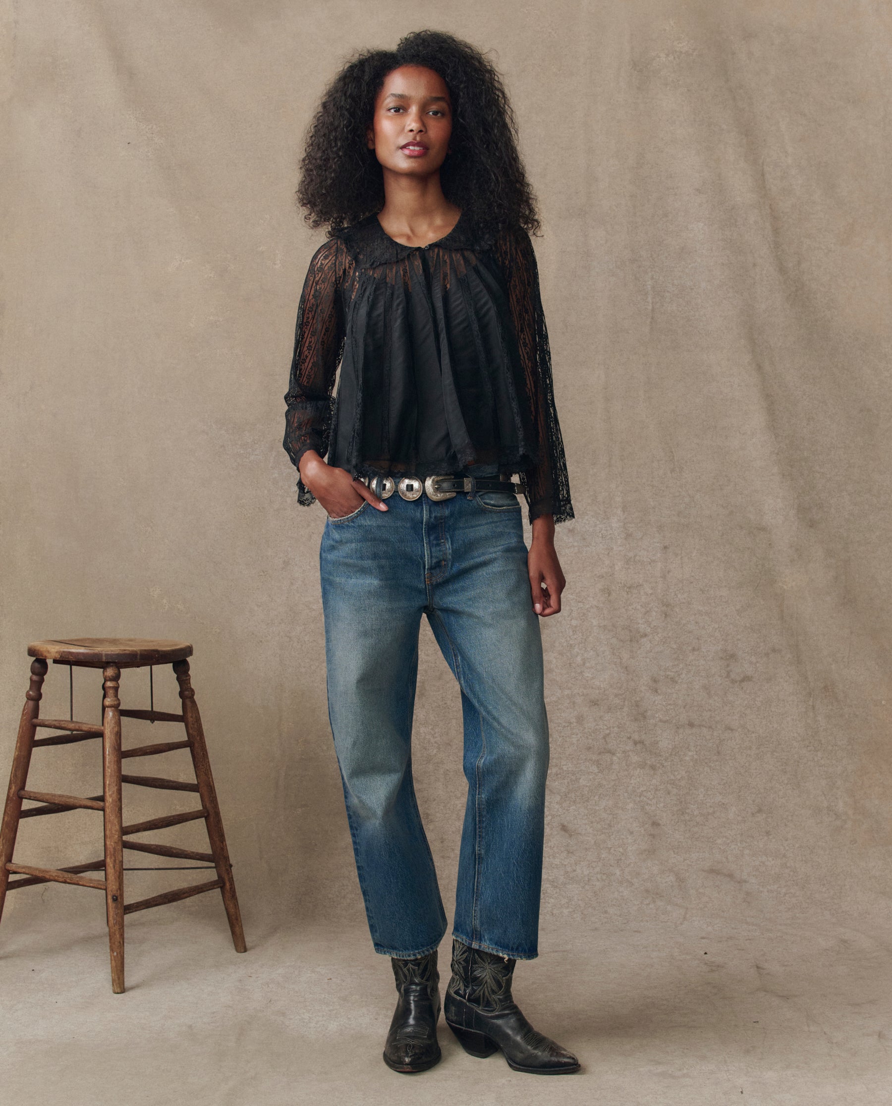 The Keepsake Lace Collared Top. -- Black