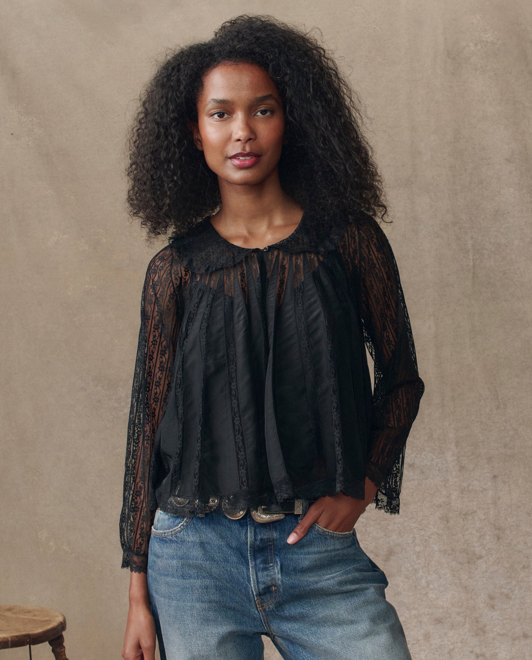 The Keepsake Lace Collared Top. -- Black