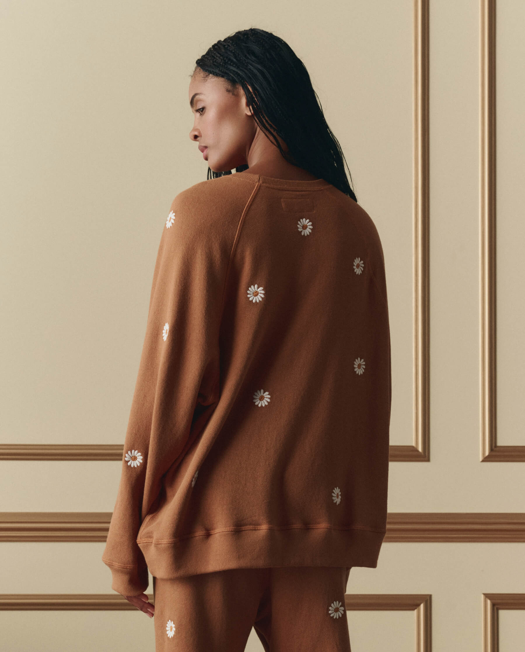 The Slouch Sweatshirt W/ Floating Daisy Embroidery. -- Suntan