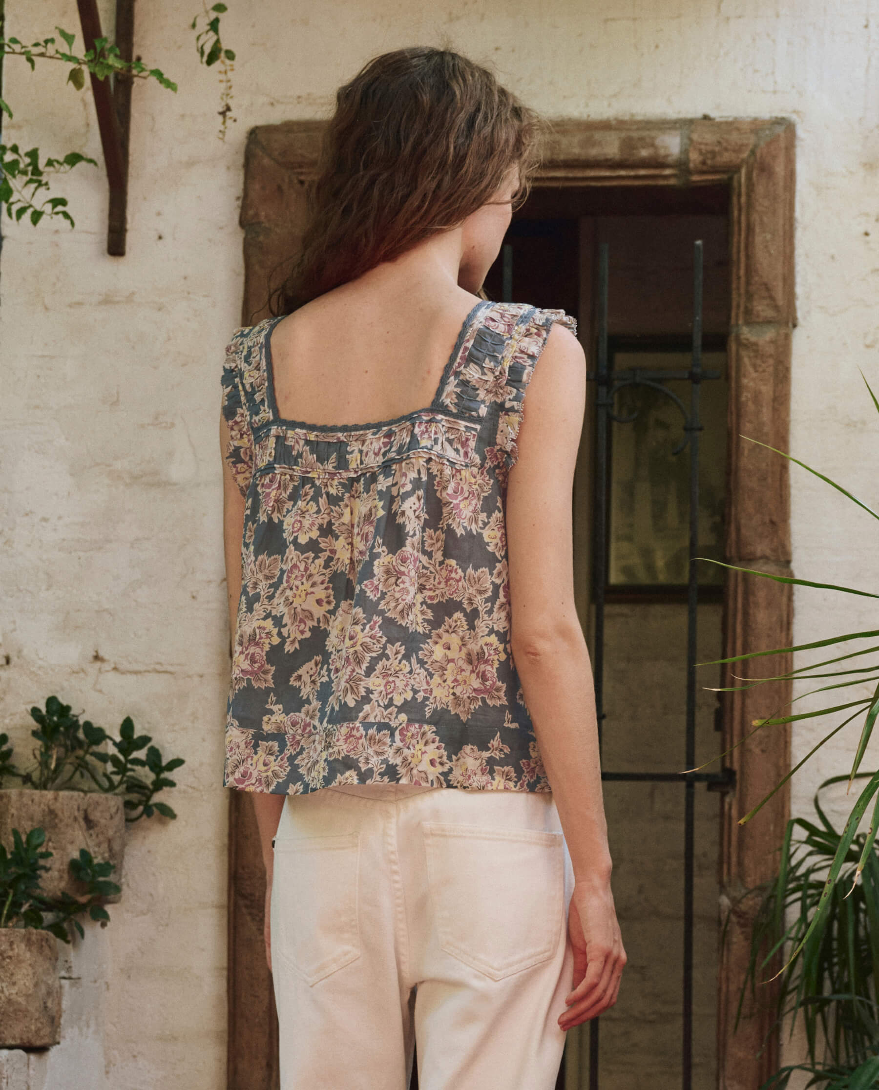 The Victorian Pleat Tank. -- Indigo Floral