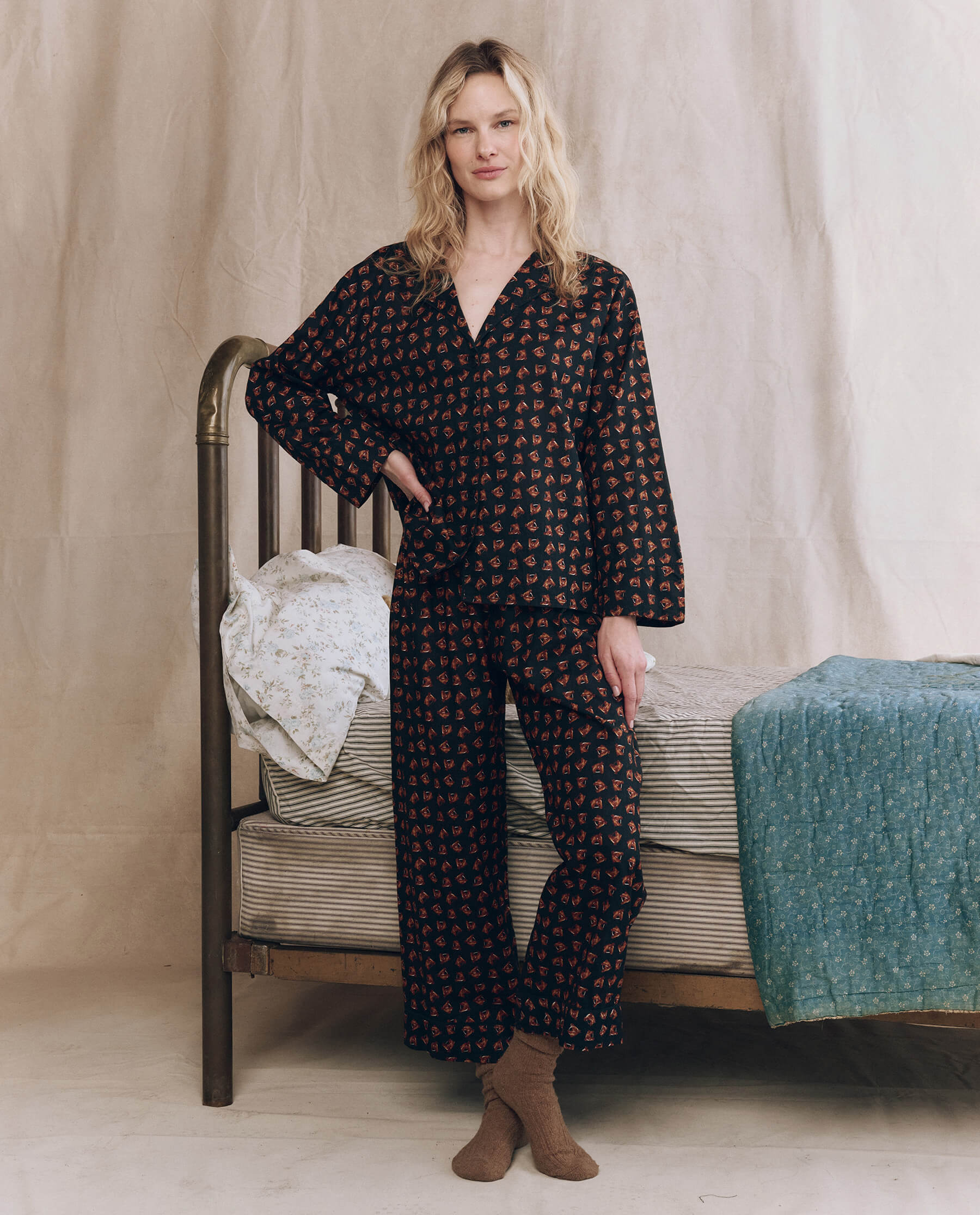 The Pajama Shirt. -- Navy Horse Medallion Print