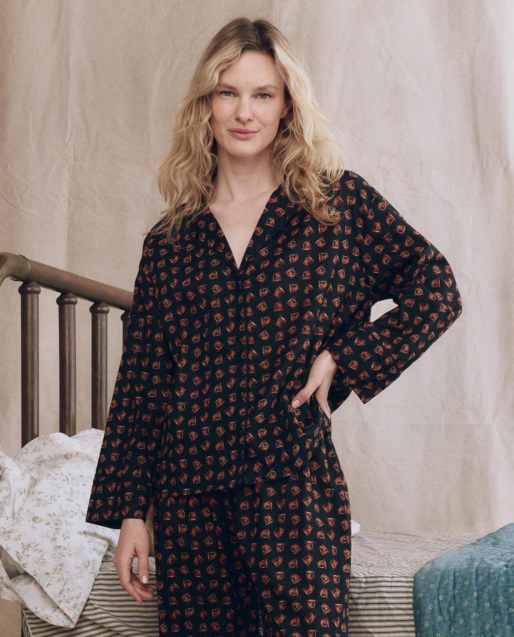 The Pajama Shirt. -- Navy Horse Medallion Print