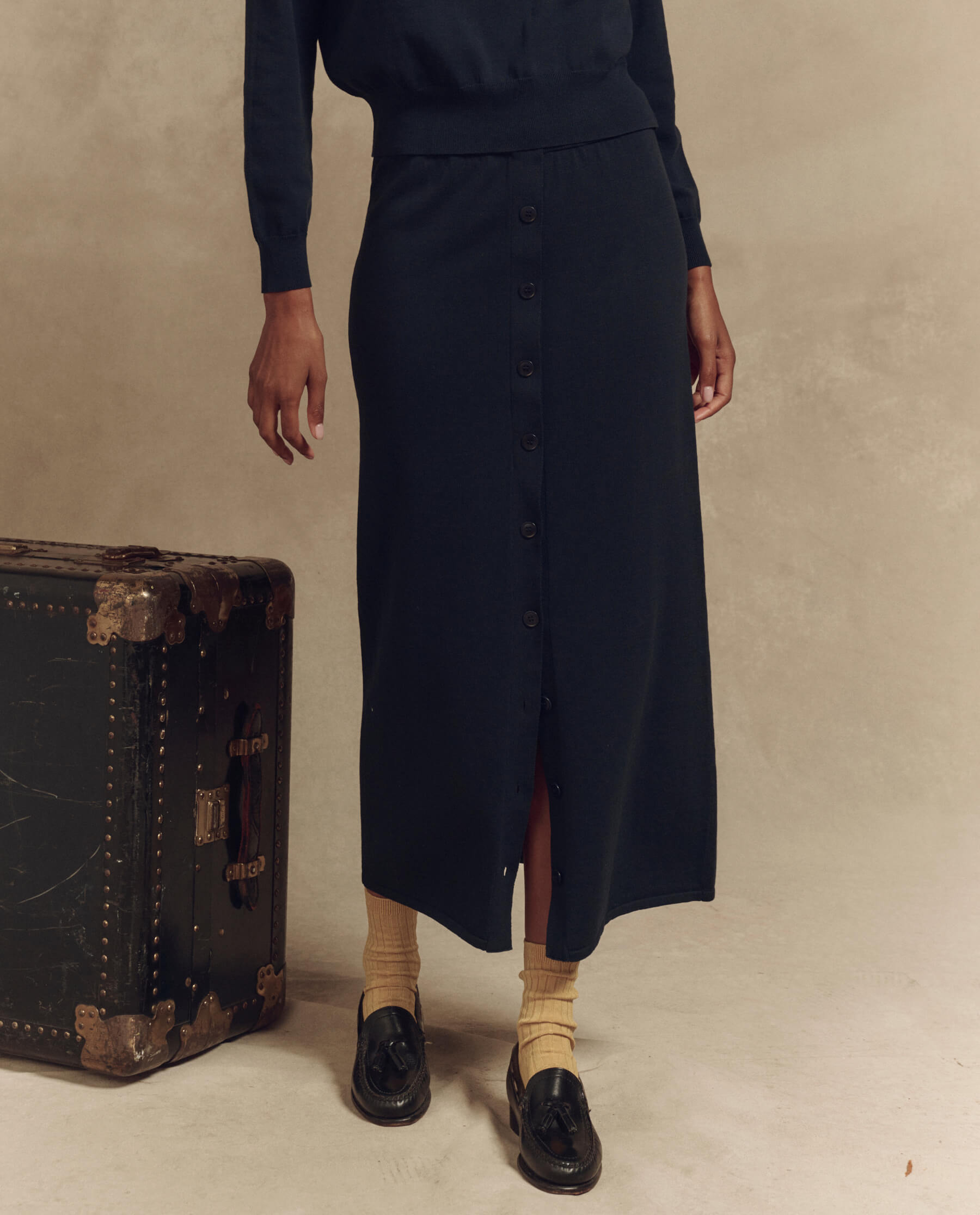 The Button Front Sweater Skirt. -- Dark Navy