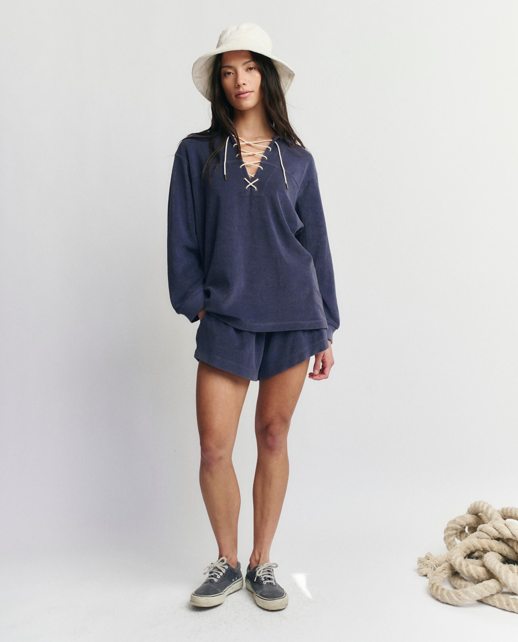 The Micro Terry Lace Up Tunic. -- Vintage Blue
