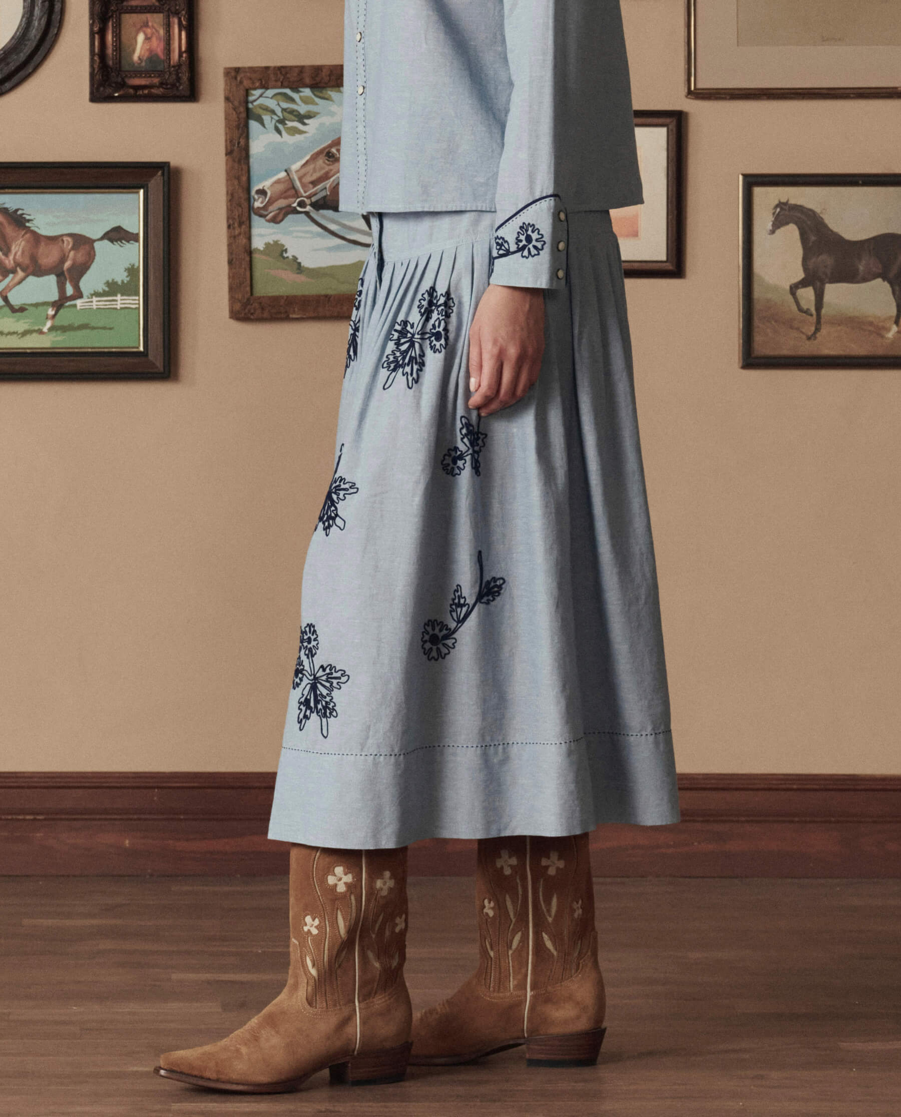 The Chambray Embroidered Highland Skirt. -- Chambray