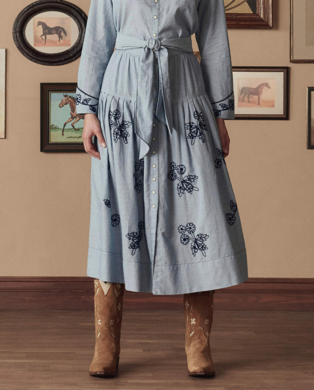 The Chambray Embroidered Highland Skirt. -- Chambray