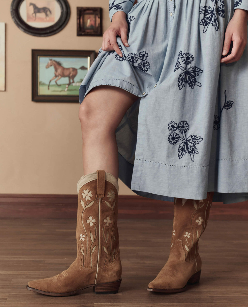 The Cowboy Boot (Suede Floral). -- Tan Floral