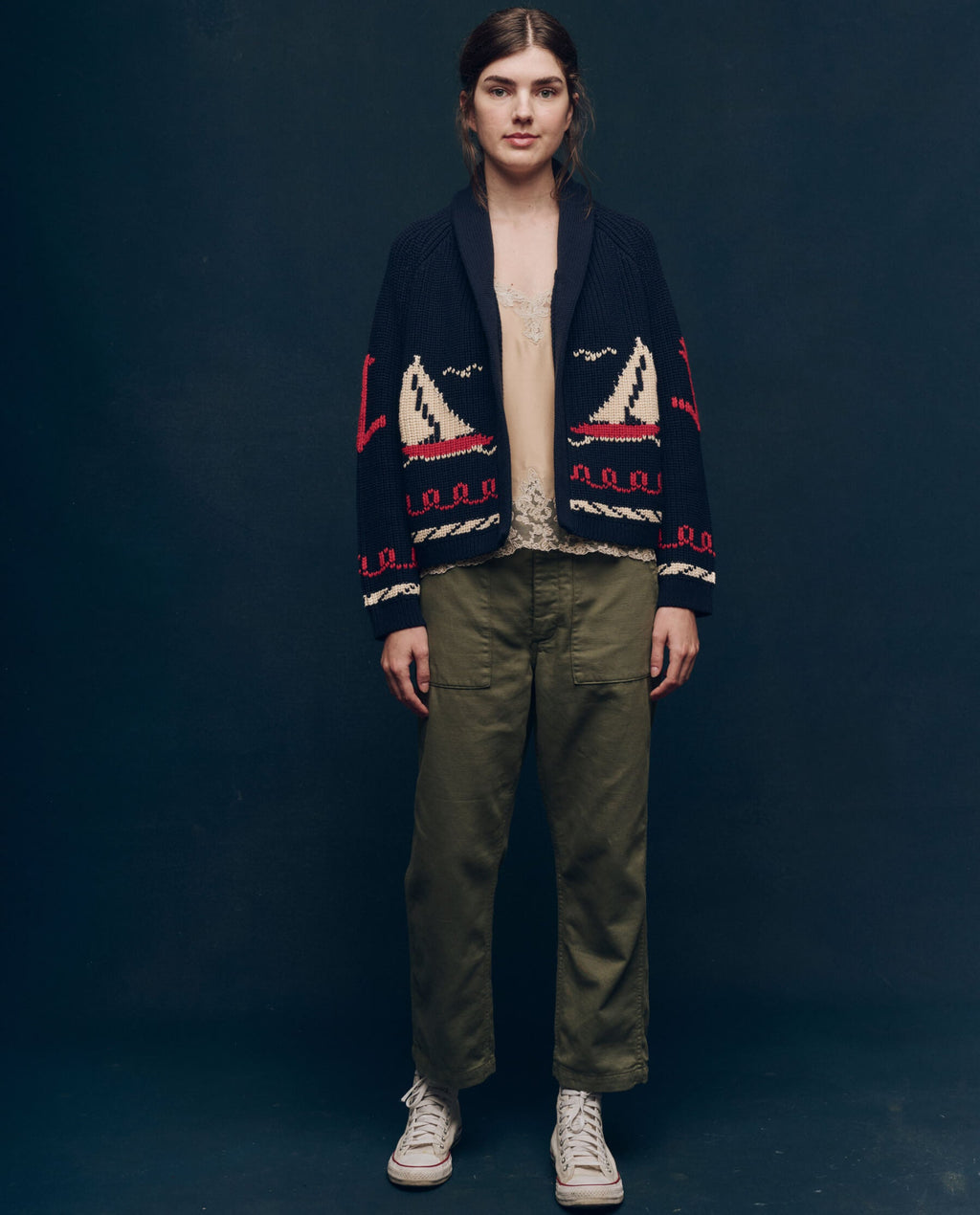 The Sailboat Lodge Cardigan. -- Dark Navy