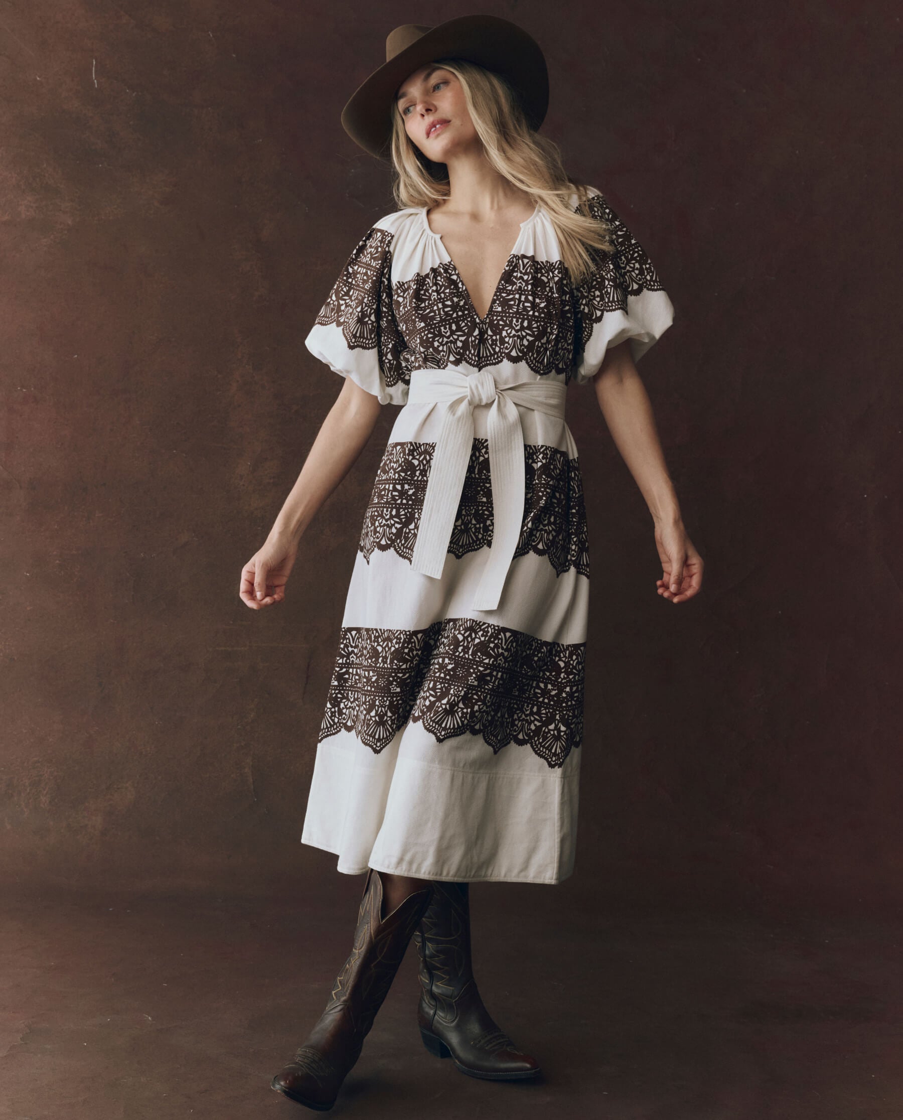 The Fairground Dress. -- Cream With Western Lace Print