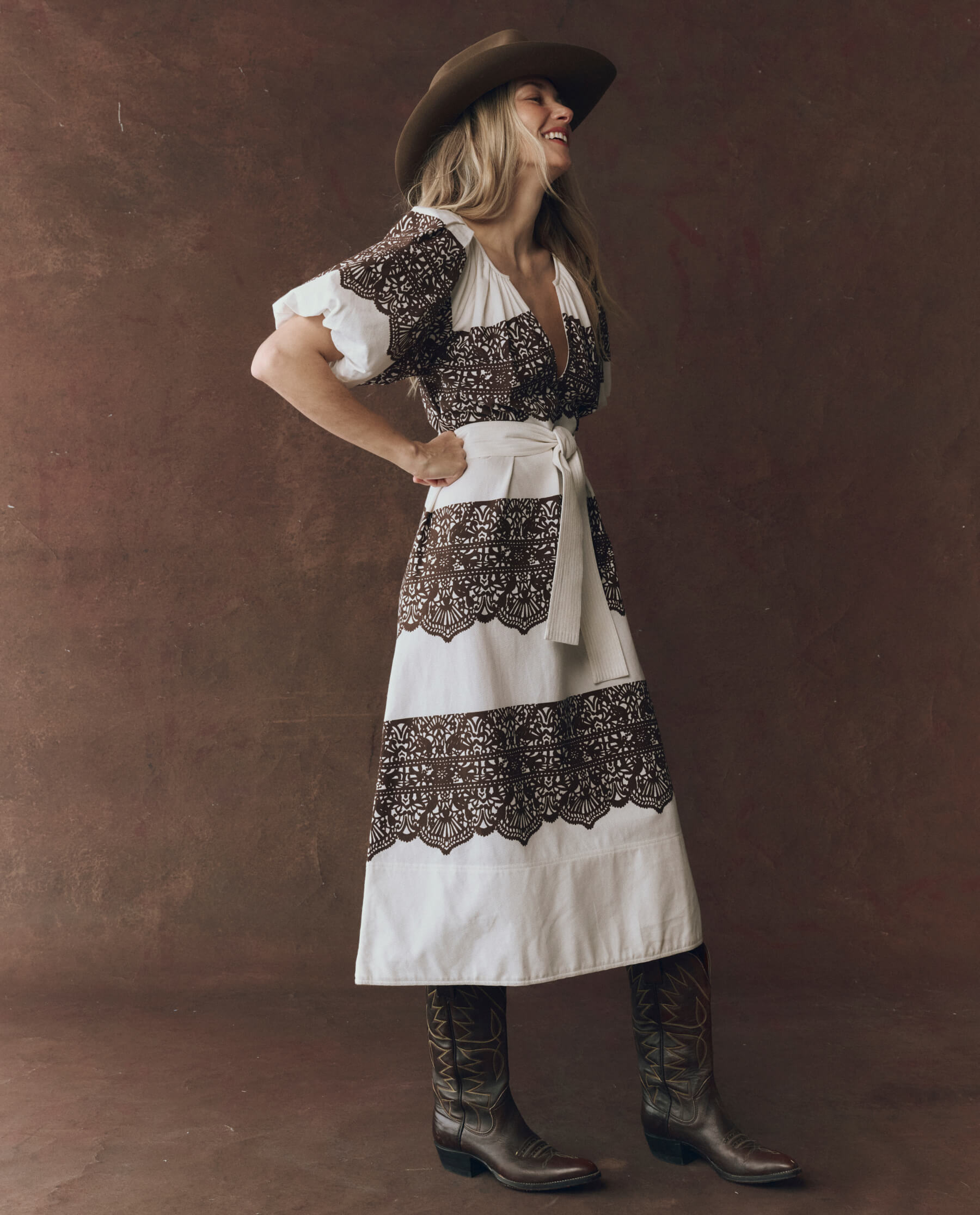 The Fairground Dress. -- Cream With Western Lace Print