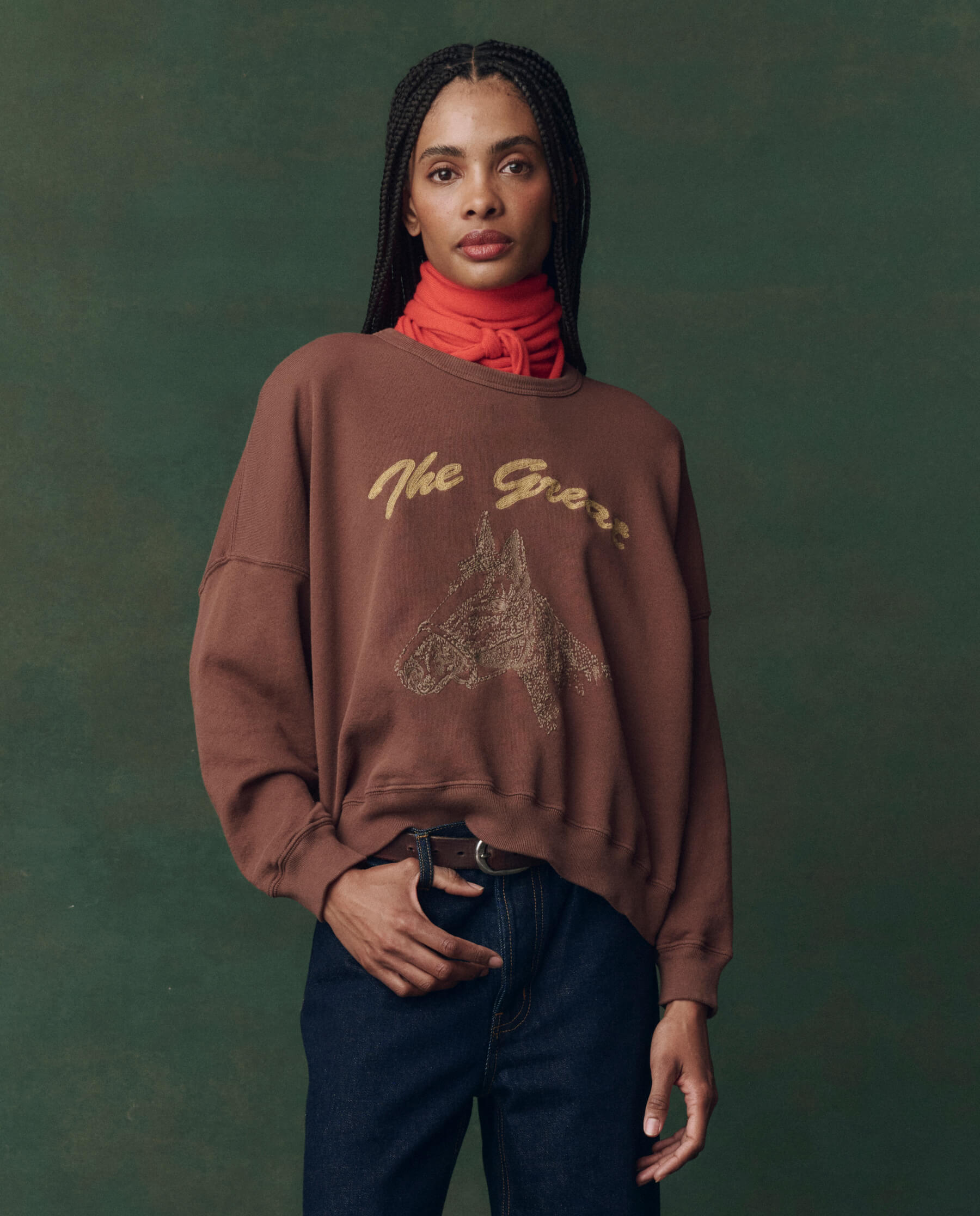 The Teammate Sweatshirt. Embroidered -- Umber with Horse Embroidery