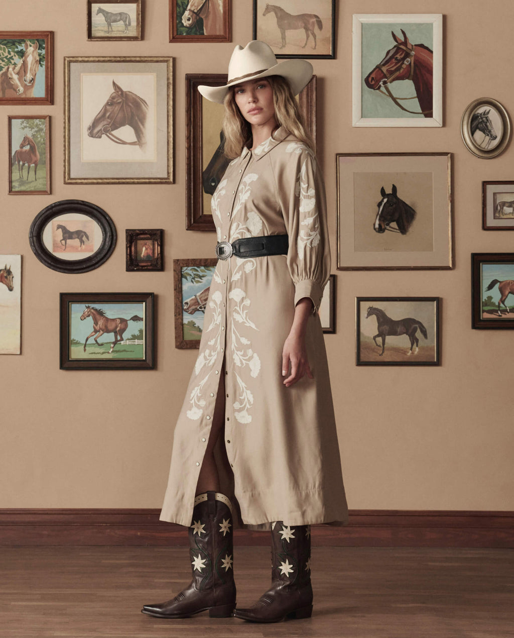 The Western Embroidered Herd Dress. -- Soft Tan W/ Cream Emb