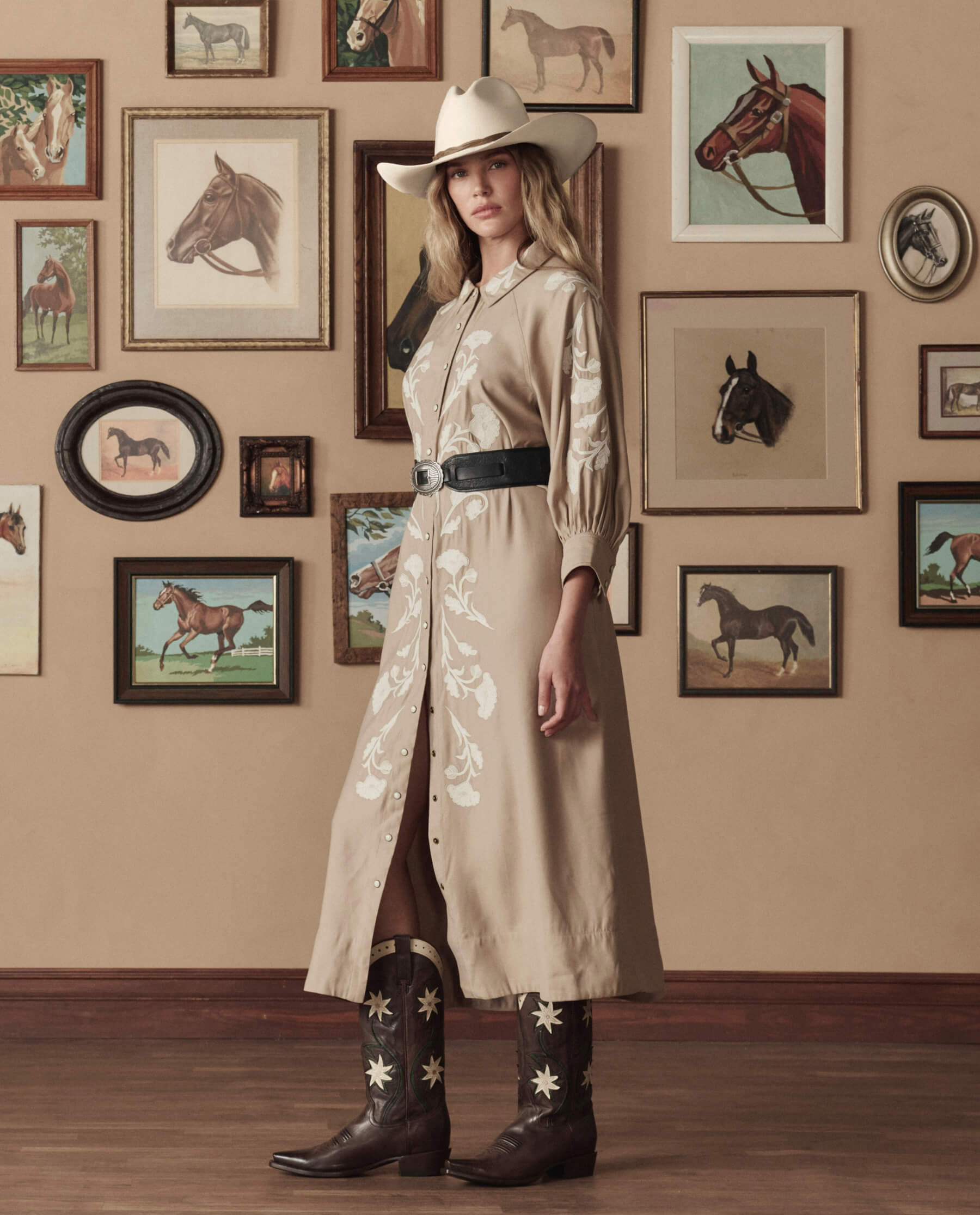The Western Embroidered Herd Dress. -- Soft Tan W/ Cream Emb