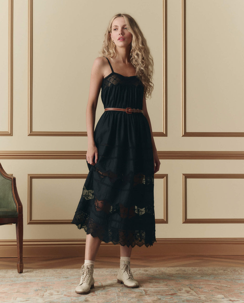 The Rosette Crochet Dress. -- Black