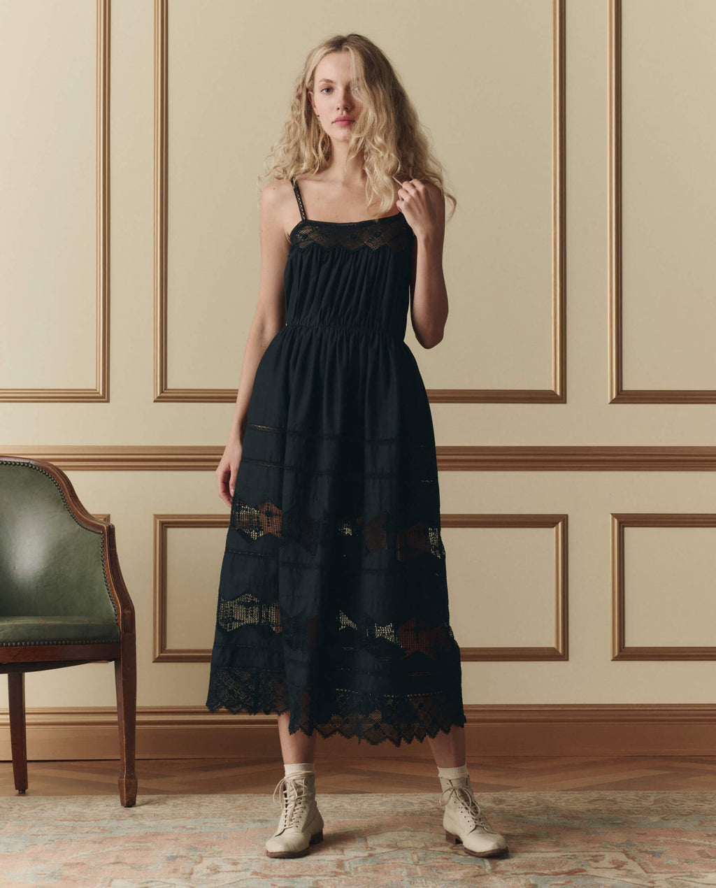 The Rosette Crochet Dress. -- Black