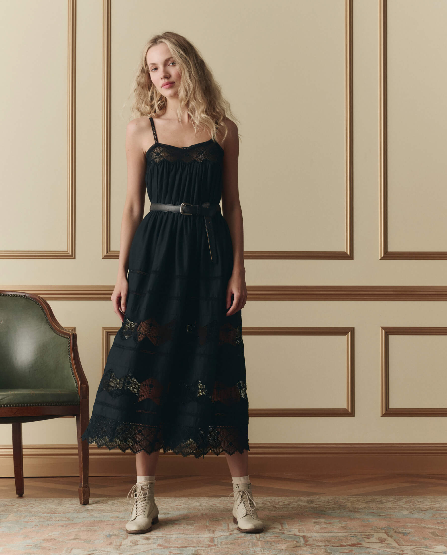 The Rosette Crochet Dress. -- Black