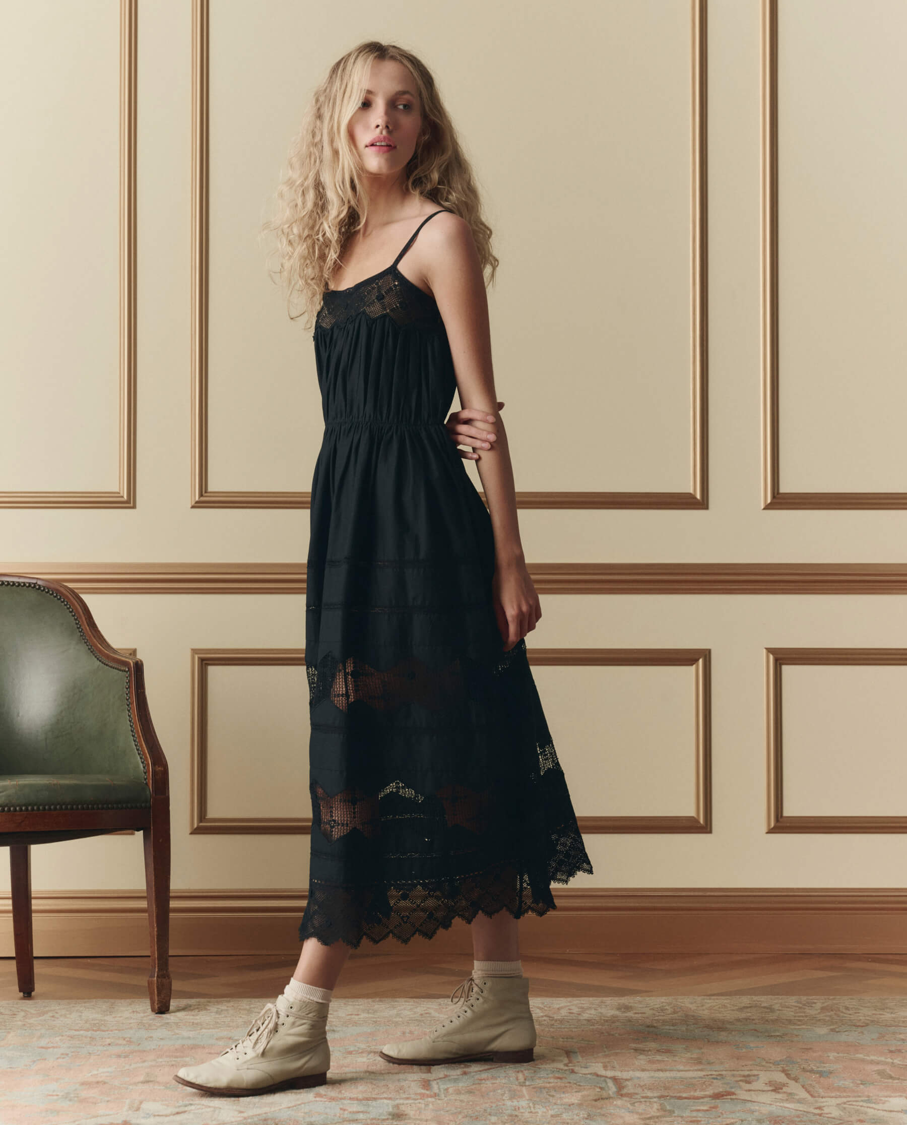 The Rosette Crochet Dress. -- Black