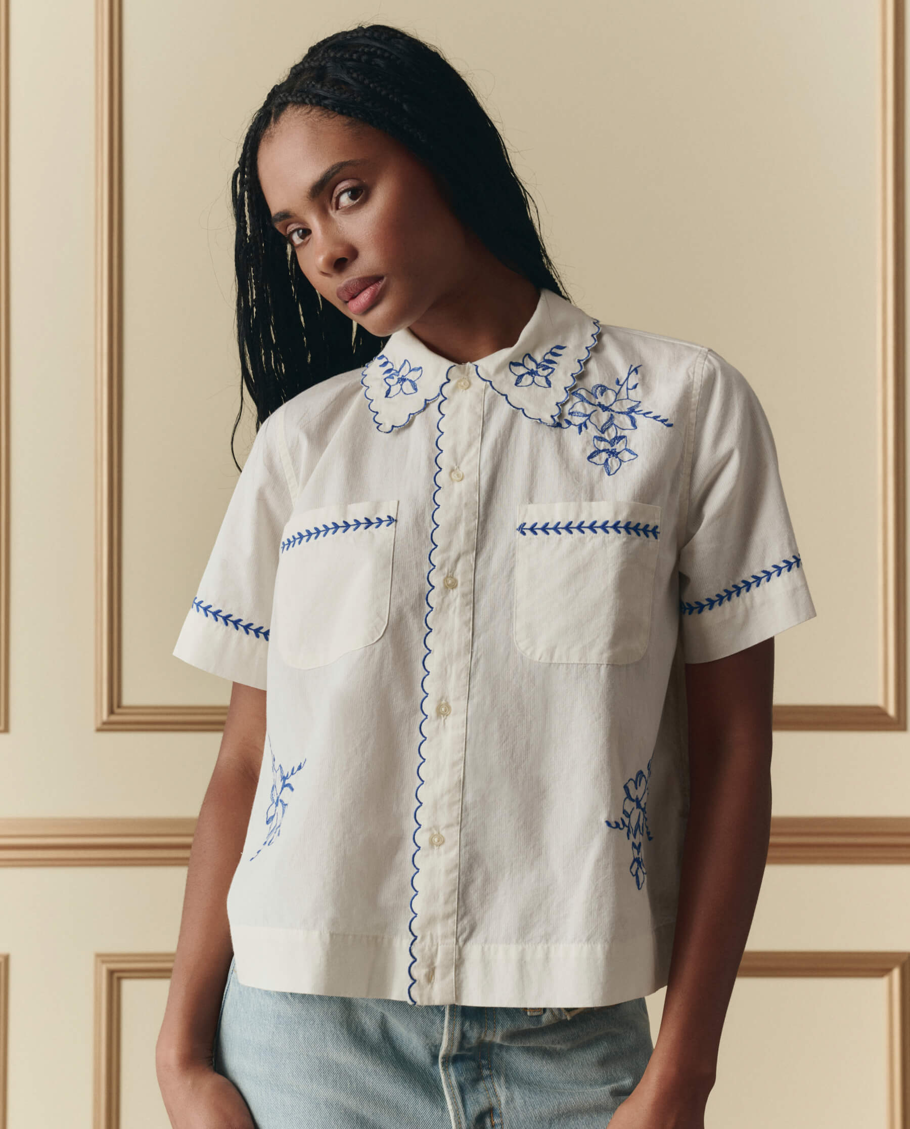 The Bowling Shirt W/ Hanky Embroidery. -- Cream