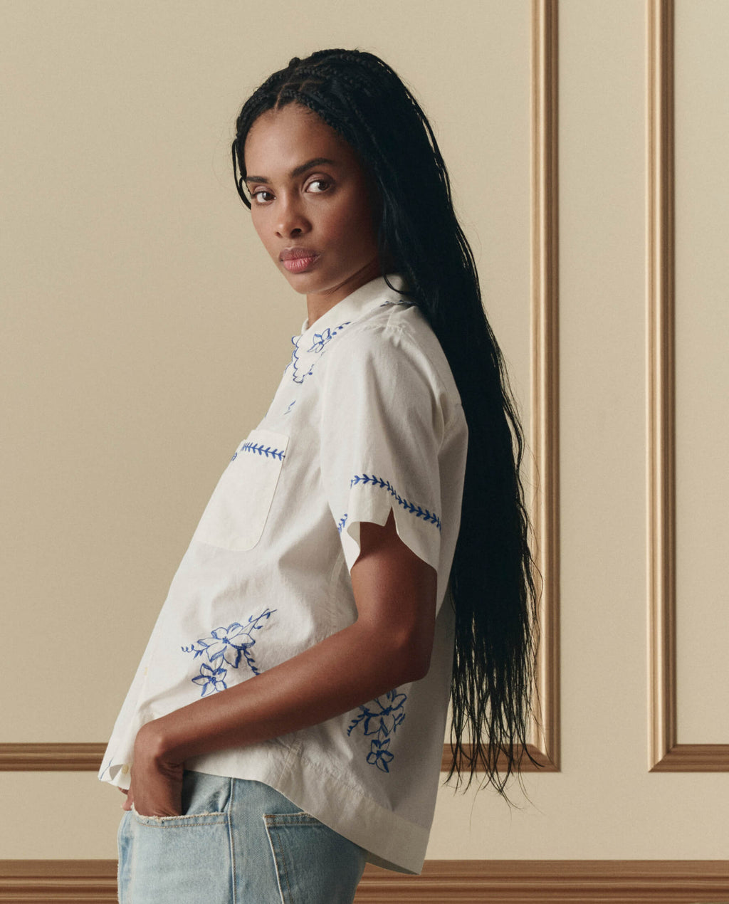 The Bowling Shirt W/ Hanky Embroidery. -- Cream