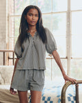 The Smocked Sleep Top. -- Black and Cream Crew Stripe
