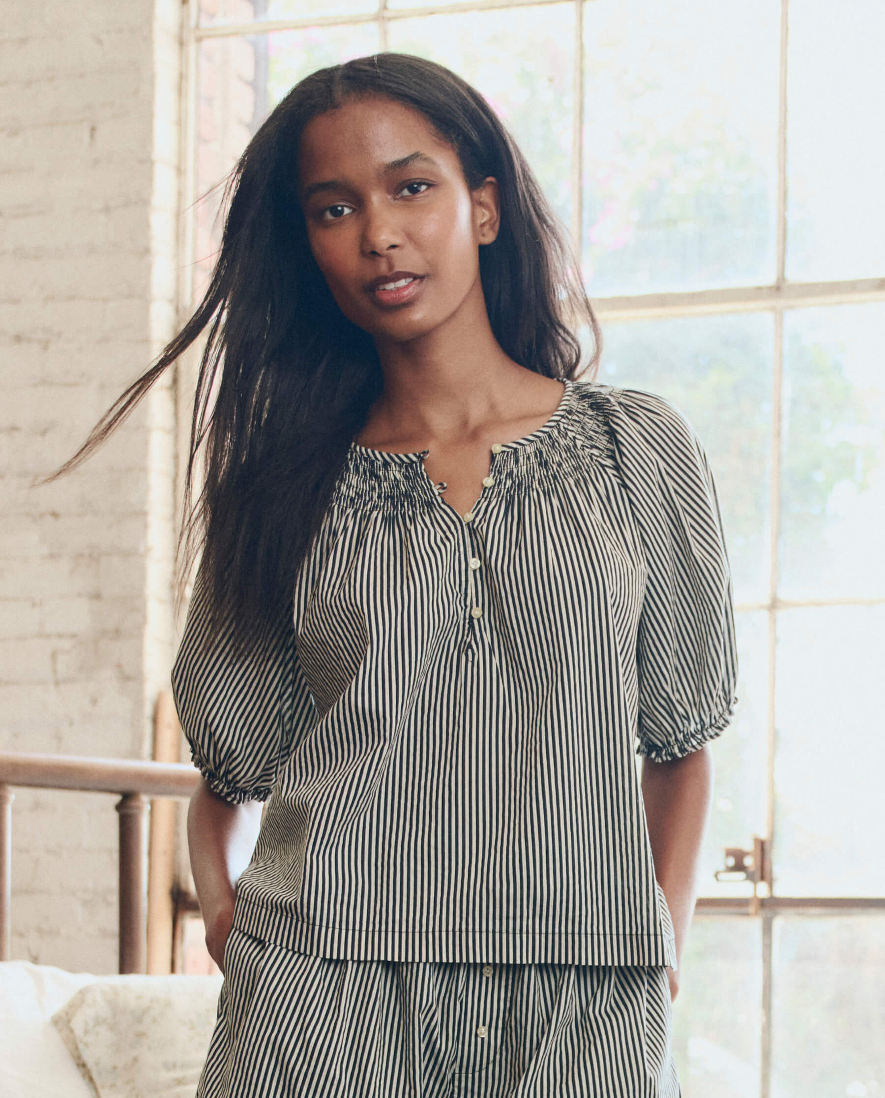The Smocked Sleep Top. -- Black and Cream Crew Stripe