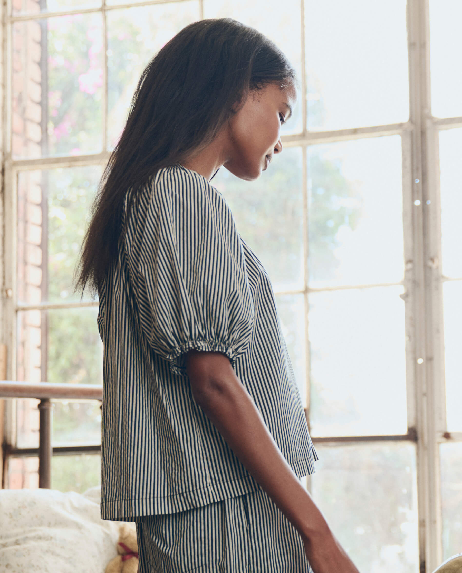 The Smocked Sleep Top. -- Black and Cream Crew Stripe