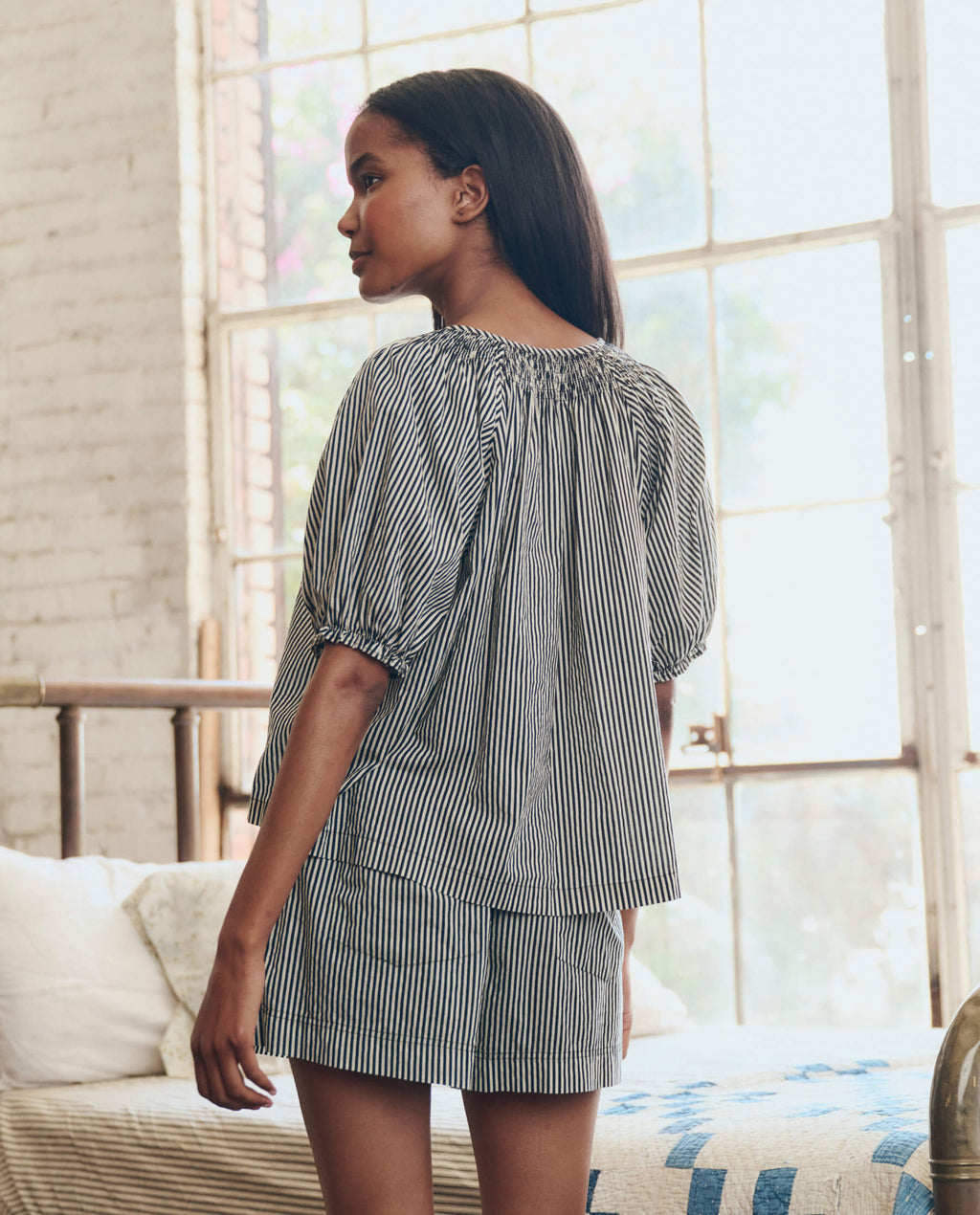 The Smocked Sleep Top. -- Black and Cream Crew Stripe