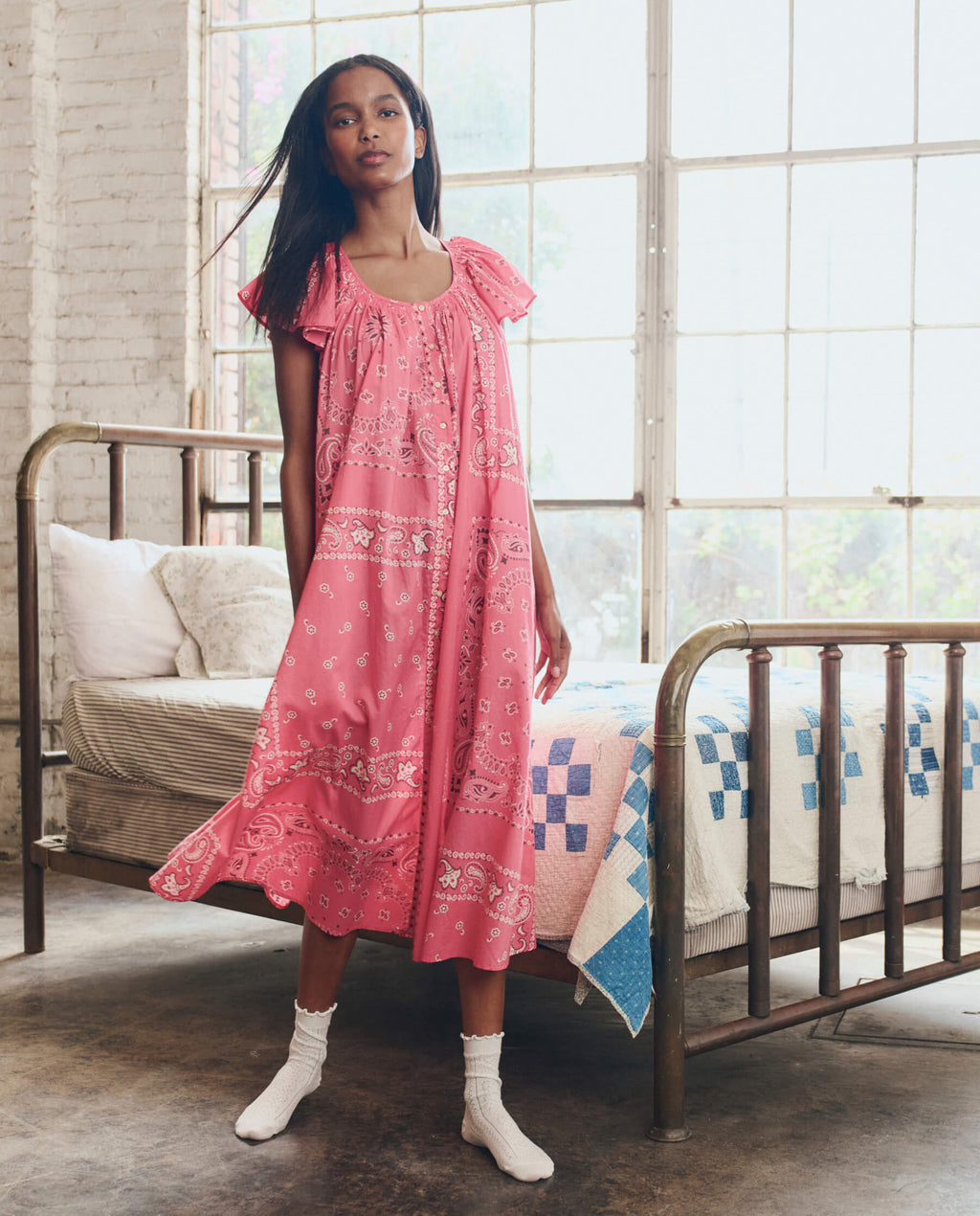 The Flutter Sleeve Sleep Dress. -- Pink Bandana Patchwork