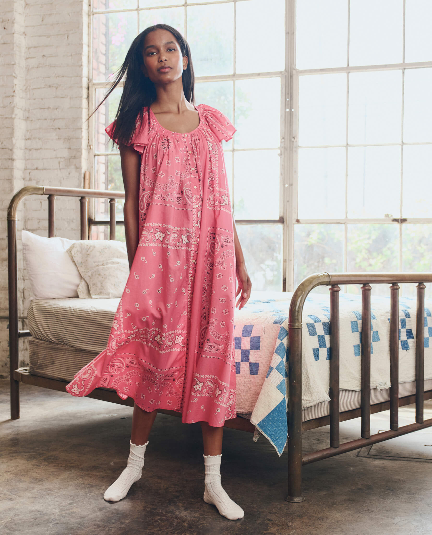 The Flutter Sleeve Sleep Dress. -- Pink Bandana Patchwork