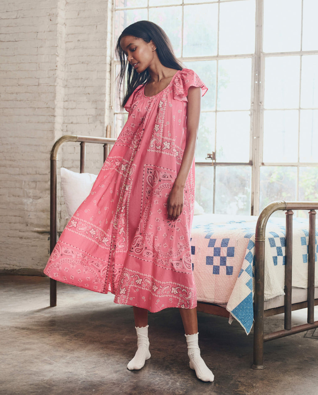 The Flutter Sleeve Sleep Dress. -- Pink Bandana Patchwork