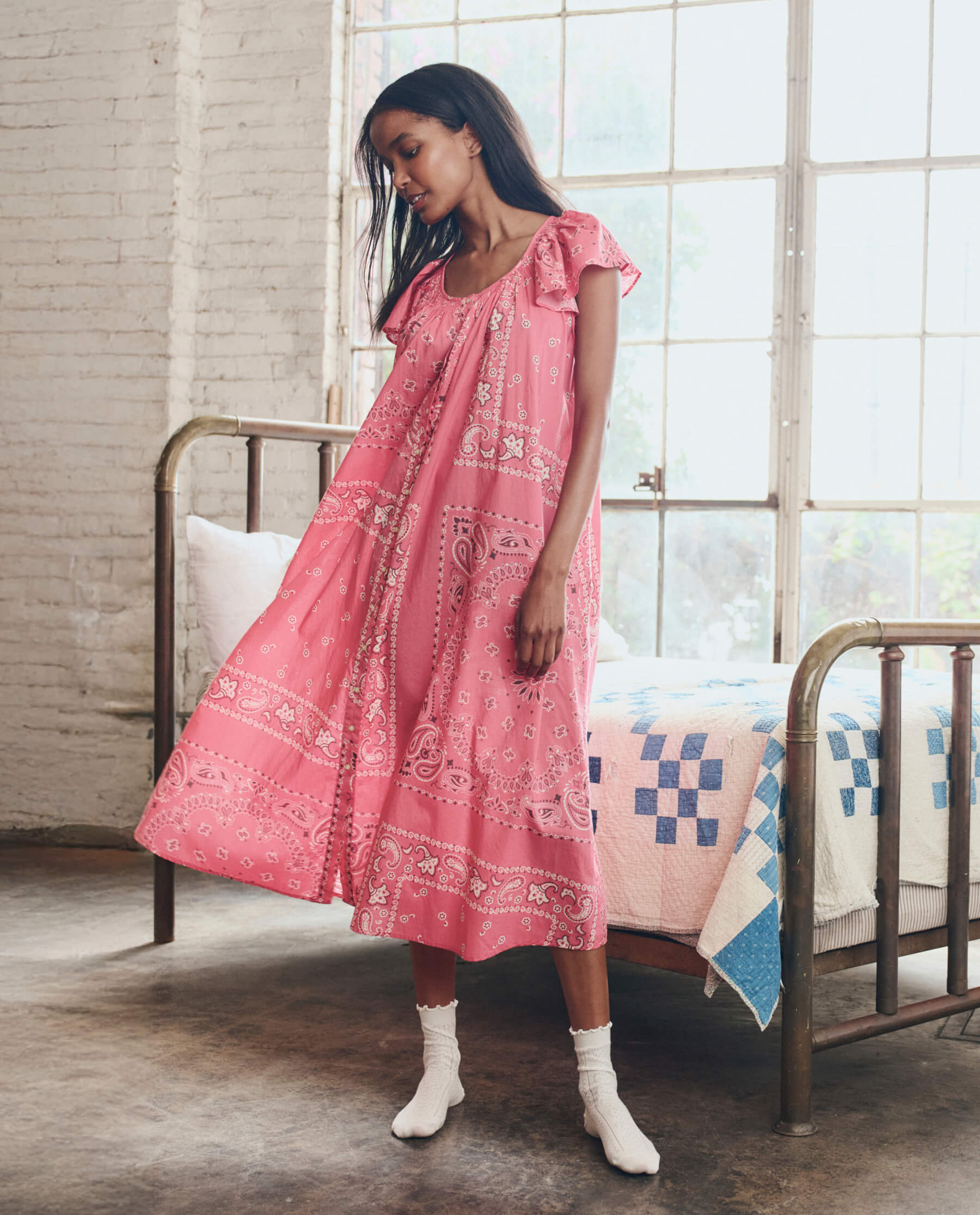 The Flutter Sleeve Sleep Dress. -- Pink Bandana Patchwork