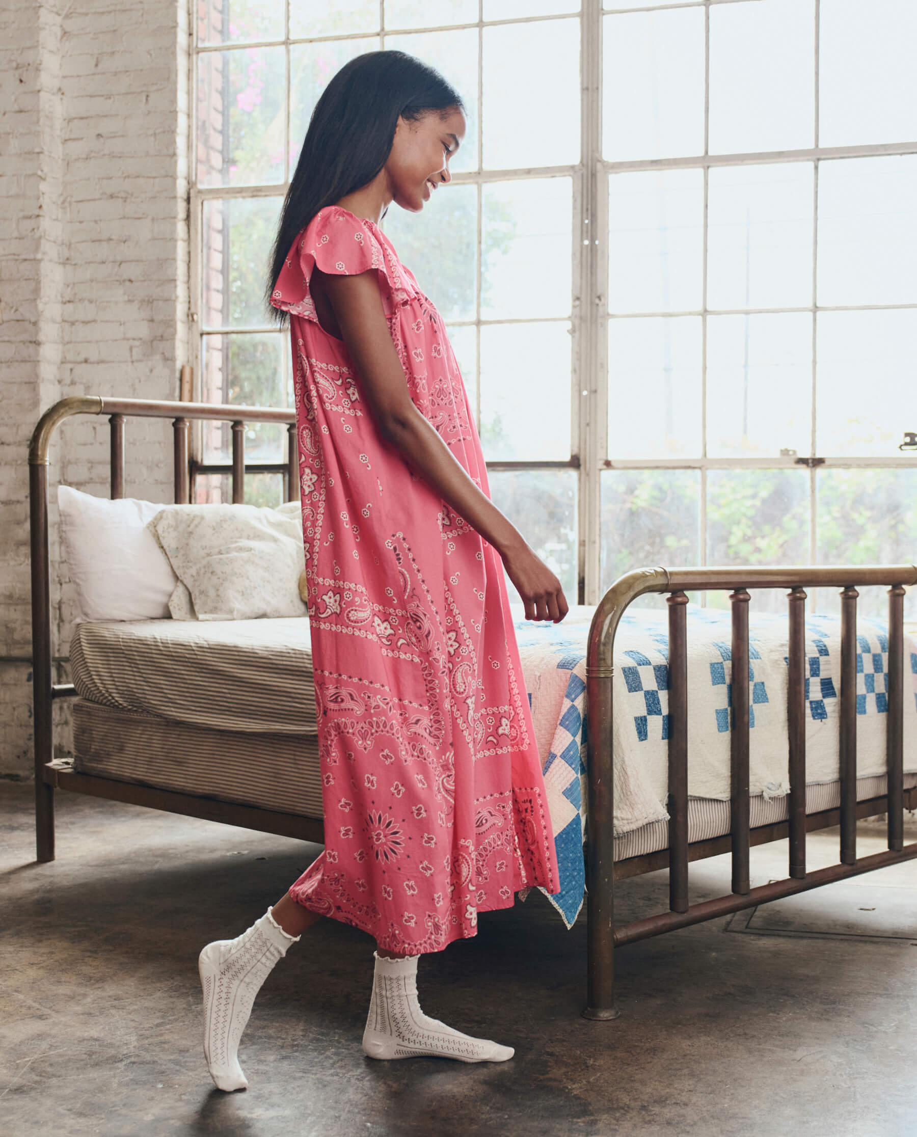 The Flutter Sleeve Sleep Dress. -- Pink Bandana Patchwork